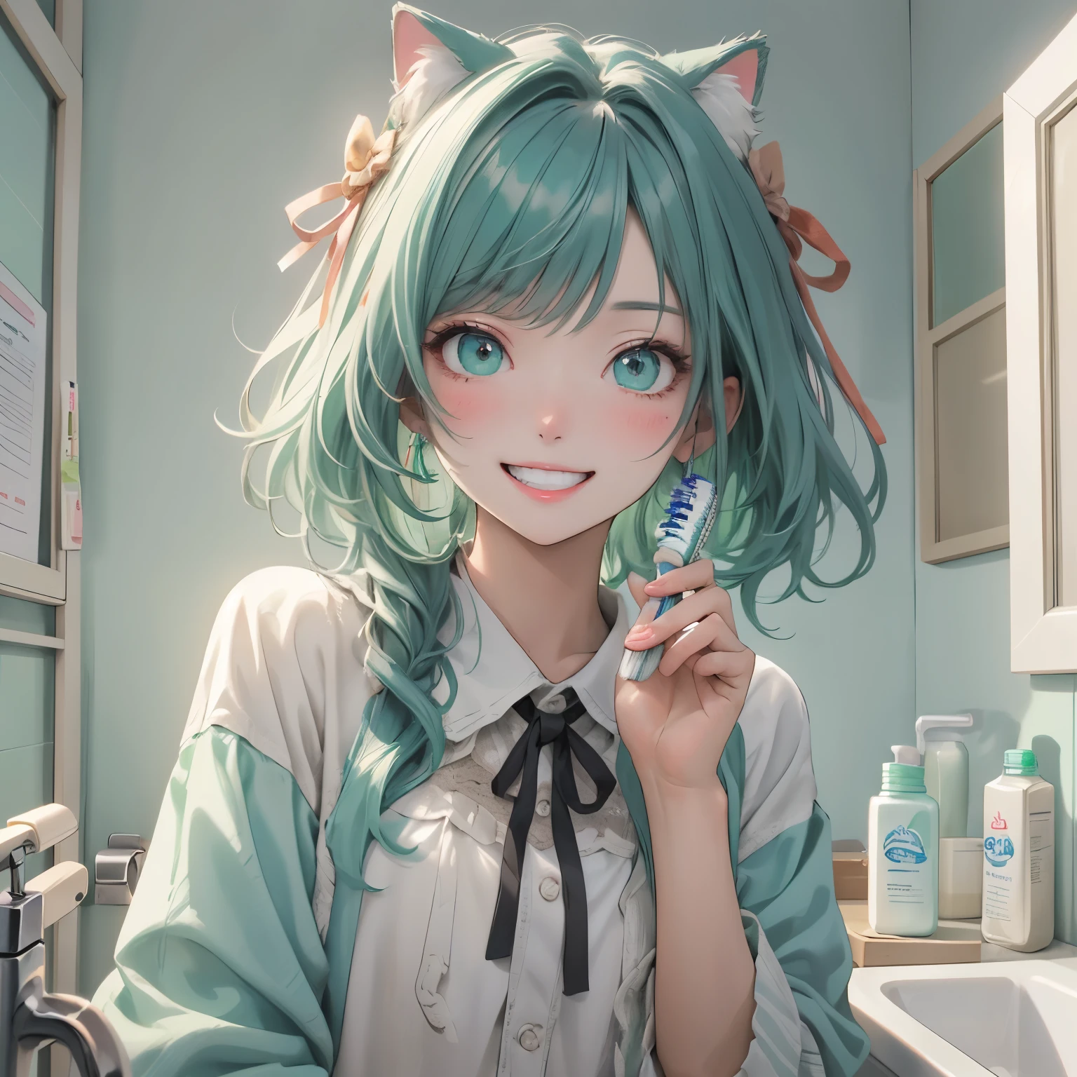 (masterpiece), highest quality, Ultra-high resolution,Cat wearing a mint cream colored ribbon、Mint cream hair、Mint cream colored eyes、Mint cream colored clothes、smile、(toothpaste:1.2)、(toothbrush:1.2)、Brush your teeth in the bathroom、morning、morning日