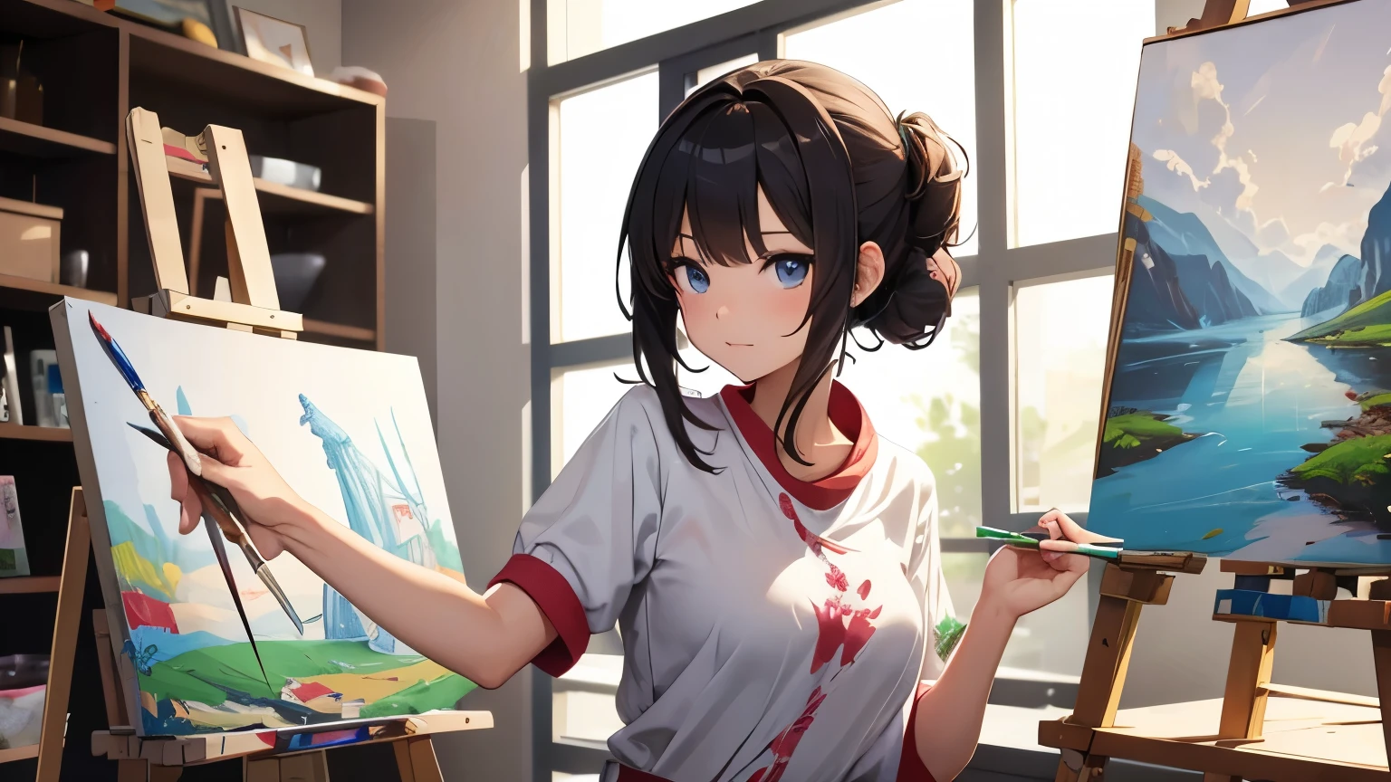 anime woman artist wear sweeter in room full with paint, working on painting. she is painting a painting. clear face, perfect proportion, perfect anatomy, perfect hand,