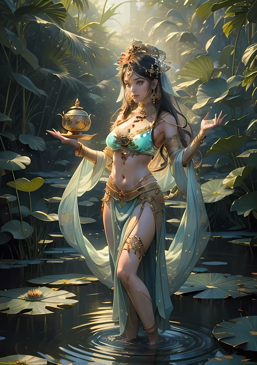 (masterpiece:1.3),(Top quality),( 8K, 4k), (Intricate details),Realist,Hindu goddess、Lakshmi、Standing on the lotus、Has 4 arms、Bring water lilies