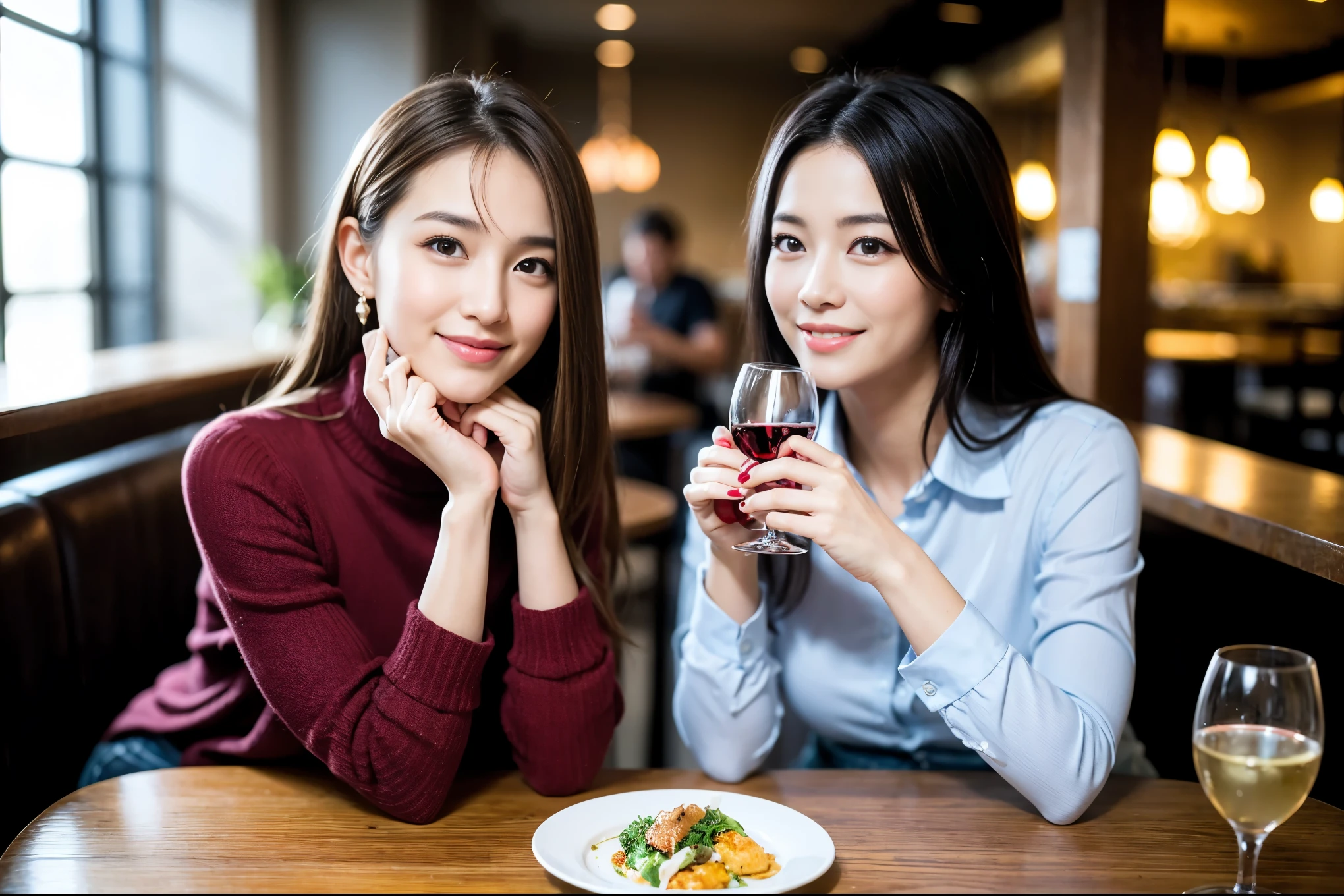 ((highest quality、8k、masterpiece:1.3))、1 male、1 female、石原さとみ似Couple、Spouse、Couple、The body is slim、((Bob Hale、Straight hair:1.2)), (Realistic, Intricate details:1.2), テーブルの上のwine glass、Shine light on your face、 Amazing view of the sunset sky and clouds、Amazing mountain views、A bright smile、The wonderfulness of smile、Bright image、The beauty of wine, Beautiful Face, blue eyes, The light shines on your face, Blushing, short hair,Bright Face、 (Age 37), 39 years old, red wine 、Appetizers、Italian food、Wine bottle、Champagne、sparkling wine、Two beauties、Brown Hair、Shortcuts、Long sleeve shirt、dress、Pretty Woman 1, (slimな顔), (The body is slim), (Brown Hair), (Shortcuts), cheeks turn a little red,Attractive beauty、restaurant, In a prominent place (From the waist up) Nova Frog Style, actress, model, Upper Body, White wine, slim, wine glass, 中央に置かれたwine glass, smile, (smile: 1.15), Beautiful fine grain, Depth f/2,saturation, High Contrast, Strong light and shadow,Moist Body:1.5、3D texture、Delicate eyes、Brown Hair、The hair is very shiny、