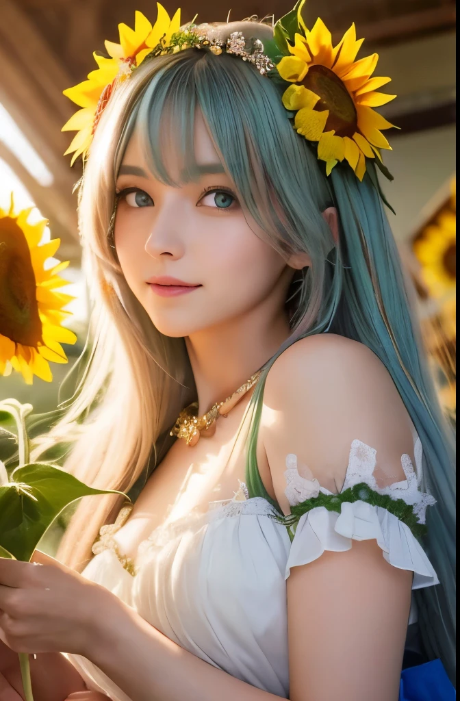 Attention to detail, highest quality, 16k, born, [Most detailed], masterpiece, highest quality, (Very detailed), Shining Rune_red, whole body, Ultra Wide Shot, Realistic, Fantasy art, RPG Art, d&d art, a picture of a fairy selling sunflower in a florist shop, Very beautiful fairy, Ultra-feminine (intense details, masterpiece, highest quality), Butterfly Wings (intense details, masterpiece, highest quality), Blue and green wings (intense details, masterpiece, highest quality), Light pink hair, Long Hair, Shiny Hair, Flowing hair, A shy smile, An innocent smile, blue eyes, Wearing a brightly colored skirt, Dynamic and elegant shirt, impact, Wearing high heels, In the florist (intense details, masterpiece, highest quality), very many (sunflower: 1.3) (intense details, masterpiece, highest quality), 現代の街並みにあるsunflower屋さん, High detail, super high quality, High resolution, 16K resolution, Ultra Hd Pictures, Ultra-realistic, Clear details, Realistic detail, Ultra High definition