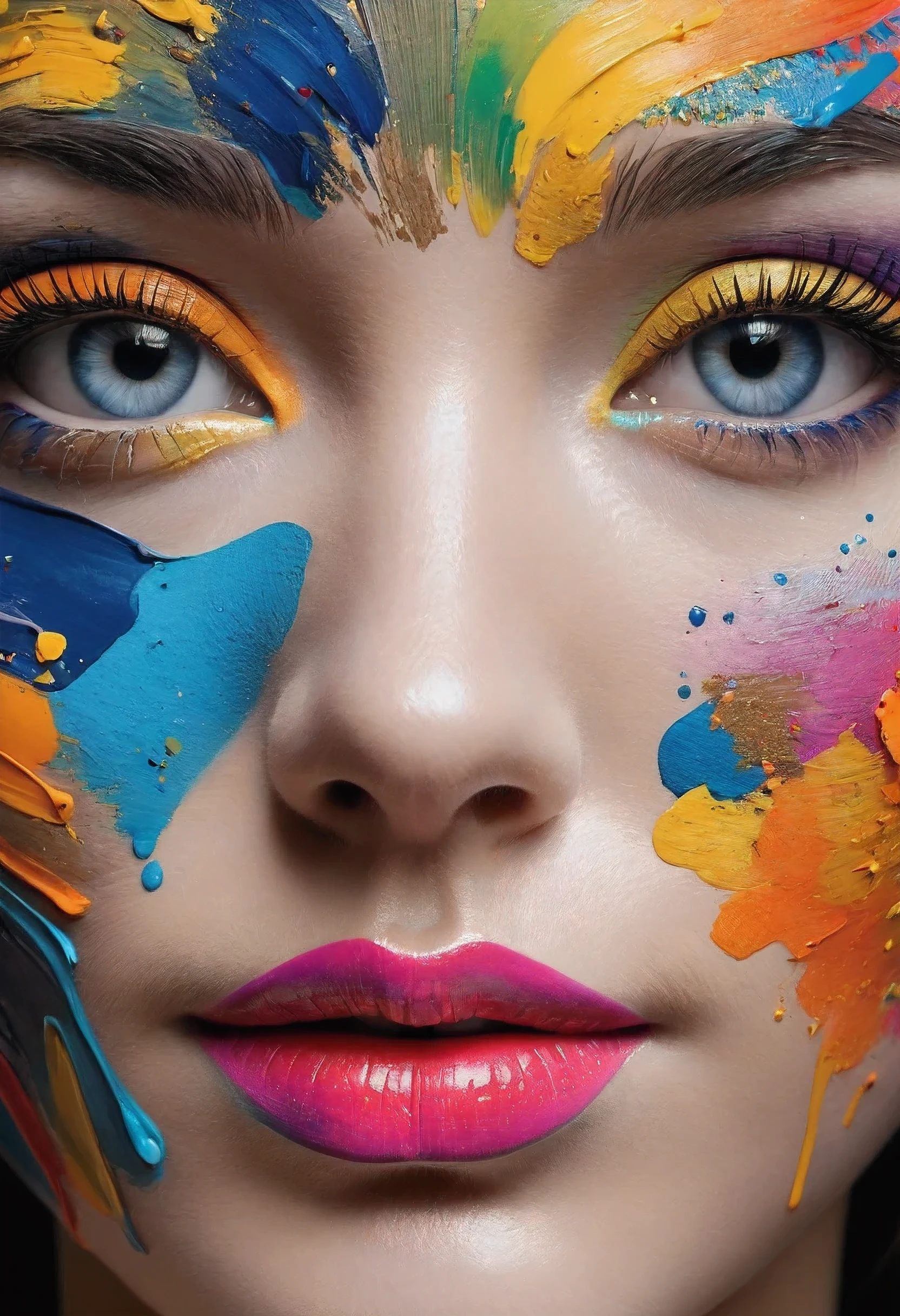 masterpiece, best quality, ultra-detailed, highres, detailed, close-up women's face, Abstract painted face, brush colorful art, close-up,