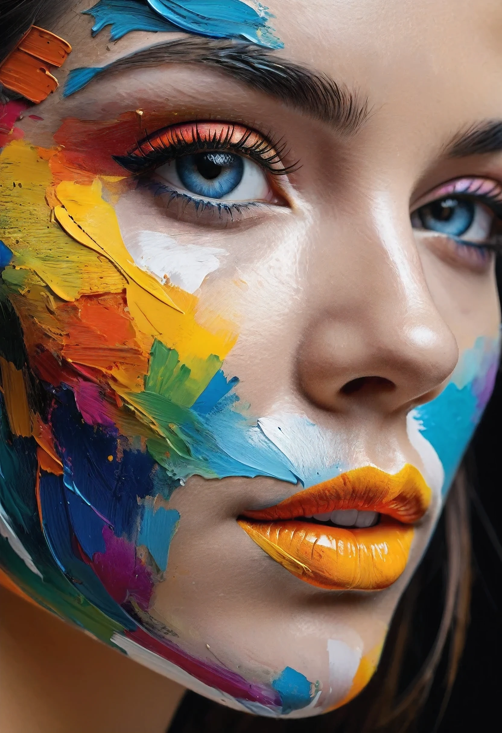 masterpiece, best quality, ultra-detailed, highres, detailed, close-up women's face, Abstract painted face, brush colorful art, close-up,