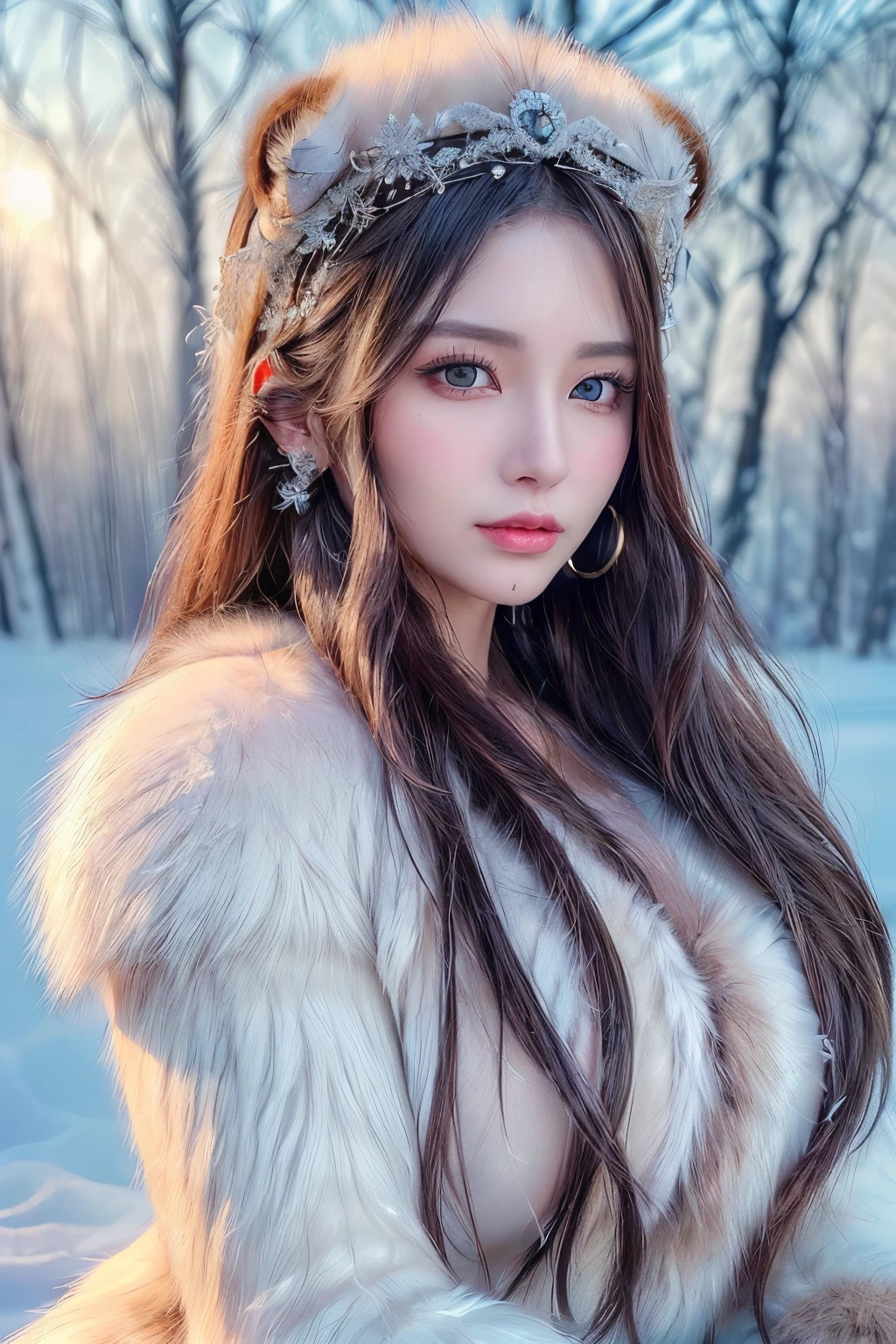 (Masterpiece: 1.2), (Best Quality: 1.4), (Ultra-detailed: 1.5), (Photorealistic: 1.37), (High Resolution: 1.K: 1.1), (8K: 1.2),
(A beautiful woman clad in luxurious fur, Detailed face: 1.5), (Piercing eyes: 1.4), (Flowing hair: 1.3), (Elegant pose: 1.5), (Warm color palette: 1.2), (Winter Wonderland Background: 1.3),