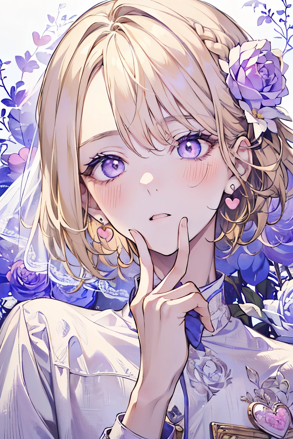 ((17years old man:1.3)), masterpiece, best quality, braid hair,blonde hair, (half up and half down hair:1.1),(portrait),white wedding dress,(pop and cute flower pattern background), (perfect hand),(light purple,white),looking front,((Large and gorgeous earrings:1.1)),(KISS Face:1.35),((upper body)),((heart:1.2)),((hand to own mouth:1.35)),(blush:1.3)