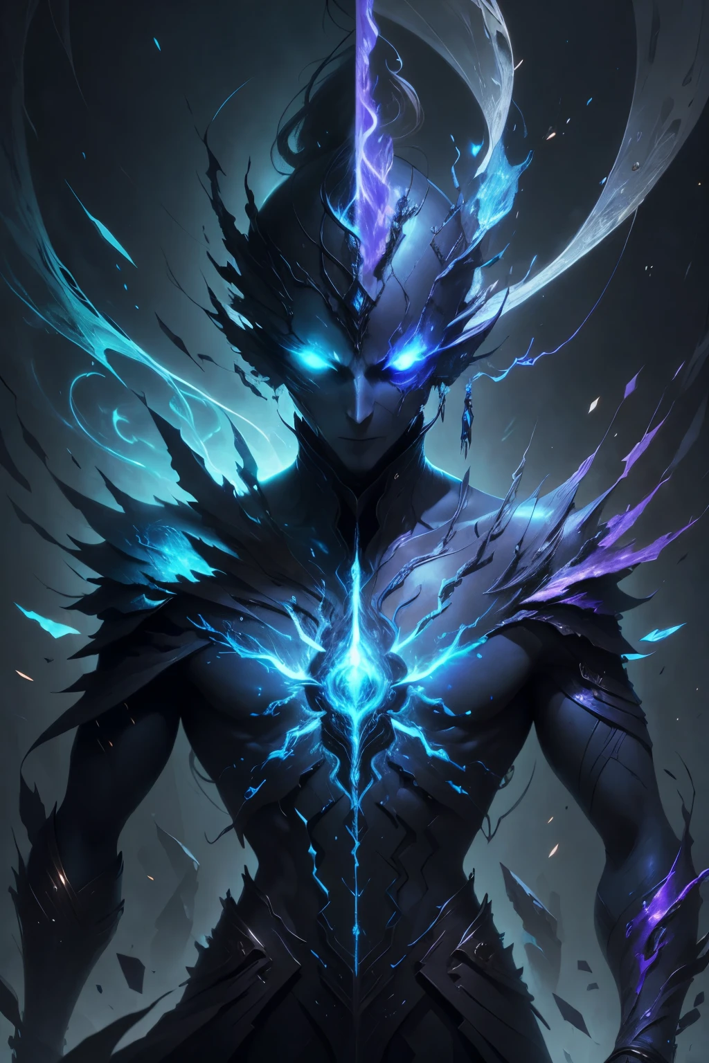 Description (alt text)
An abstract digital artwork depicting a humanoid figure with a glowing blue, faceless head adorned with crackling energy. The figure wears a high-collared, futuristic garment. Surrounding the head are fragmented crystalline shapes and a luminous halo-like ring, emitting shards of light. The background is a deep, starry black, enhancing the ethereal and otherworldly atmosphere. Text in a stylized font is present on the right side of the image