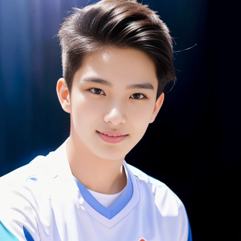Young Asian man Arav in a blue and red volleyball uniform poses for a photo., Wear a volleyball shirt., Height 165 cm, Height 155 cm, Wear a basketball shirt., Shin Min Jung, Cute sportswear, wearing a swimsuit, Seson Yoon, With a backdrop of natural light., Korean female fashion model, Heonhwa Cho