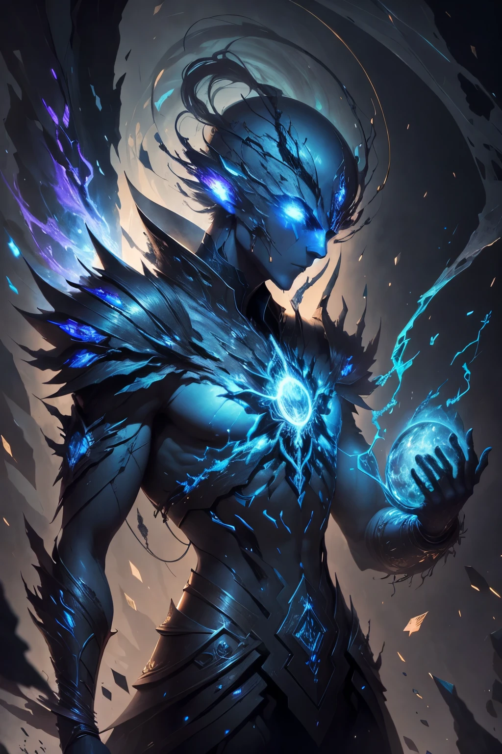 Description (alt text)
An abstract digital artwork depicting a humanoid figure with a glowing blue, faceless head adorned with crackling energy. The figure wears a high-collared, futuristic garment. Surrounding the head are fragmented crystalline shapes and a luminous halo-like ring, emitting shards of light. The background is a deep, starry black, enhancing the ethereal and otherworldly atmosphere. Text in a stylized font is present on the right side of the image
