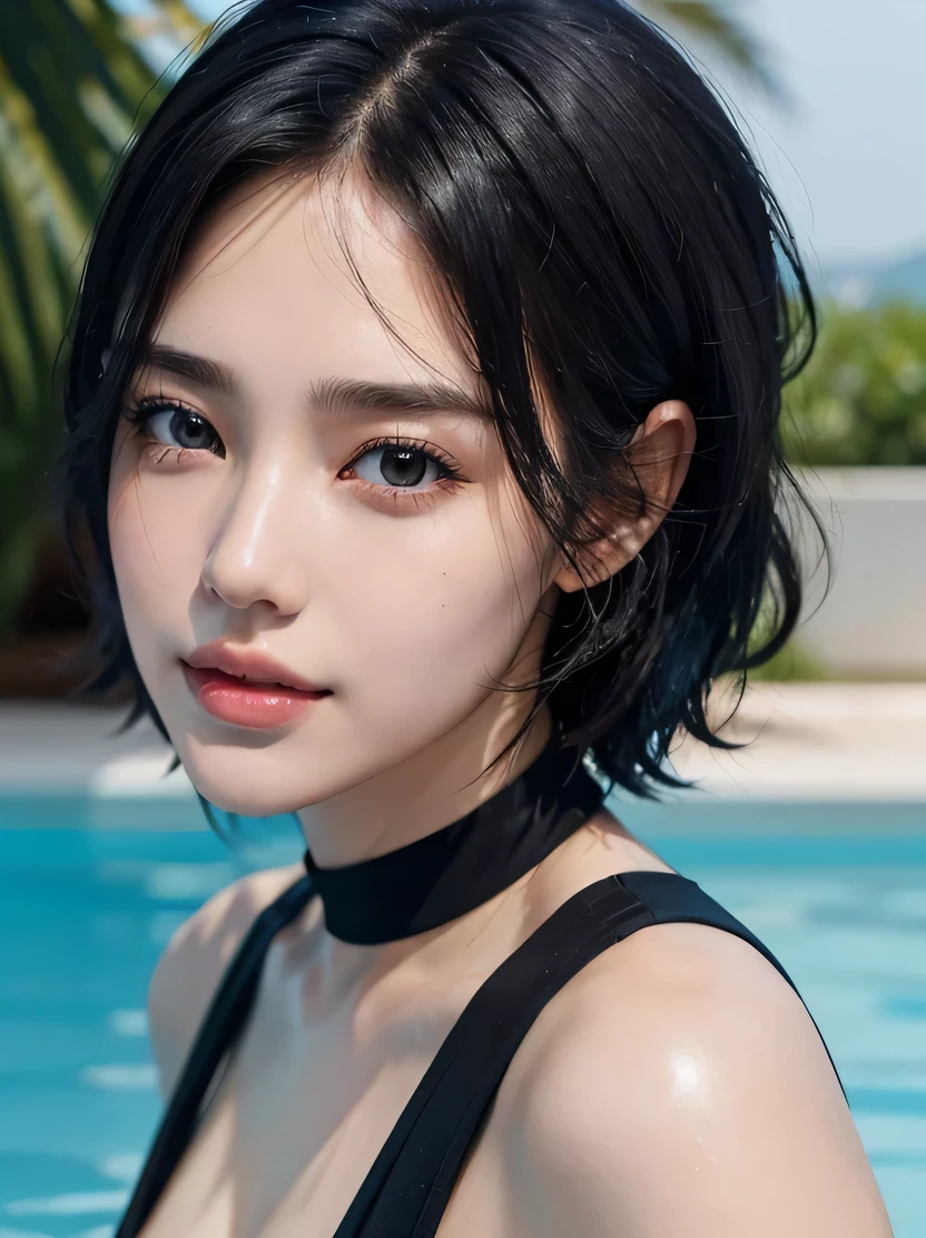 ((masterpiece、highest quality、Very detailed、High resolution、Photorealistic、Sharp focus))、((Photorealistic portrait of a stunningly beautiful woman、Focus on the chest up、(Bust Shot)、Brightness of the face))、High contrast、Detailed hand drawing、Bright smile、Detailed black eyes、Detailed, symmetrical and realistic face、Wet black hair、(Boyish short hair、High Top Fade、all back)、Rich colors、Ultra-realistic textures、View your viewers、Dynamic Pose、Blue one piece swimsuit、Striped pattern、Daytime、Poolside