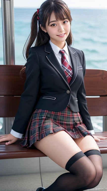 8k), (highest quality: 1.2), (Realistic), (Realistic: 1.37), Ultra-high resolution, 1 girl, Beautiful smile cute,Eye color is blue, Duck Mouth, Beautiful details, Beautiful Nose, Long, beautiful hair, Giant Dulcefo,pork, Thighs，Self Snap,University Uniforms,sunny day,View of the sea,Sitting on a subway bench,Downward,(White blazer 1),(Dark brown pleated skirt),Dark red bow tie,(The skirt and tie are tartan.:1.3),Thighs,Knee-high tights,Thighsにクローズアップ,A young and cute gravure idol,