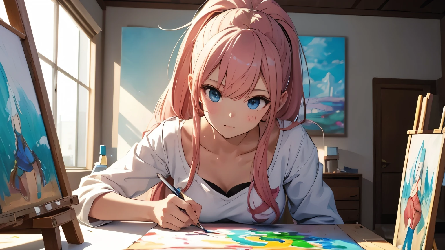 anime woman artist wear sweeter in room full with paint, working on painting. she is painting a painting. clear face, perfect proportion, perfect anatomy, perfect hand, close up