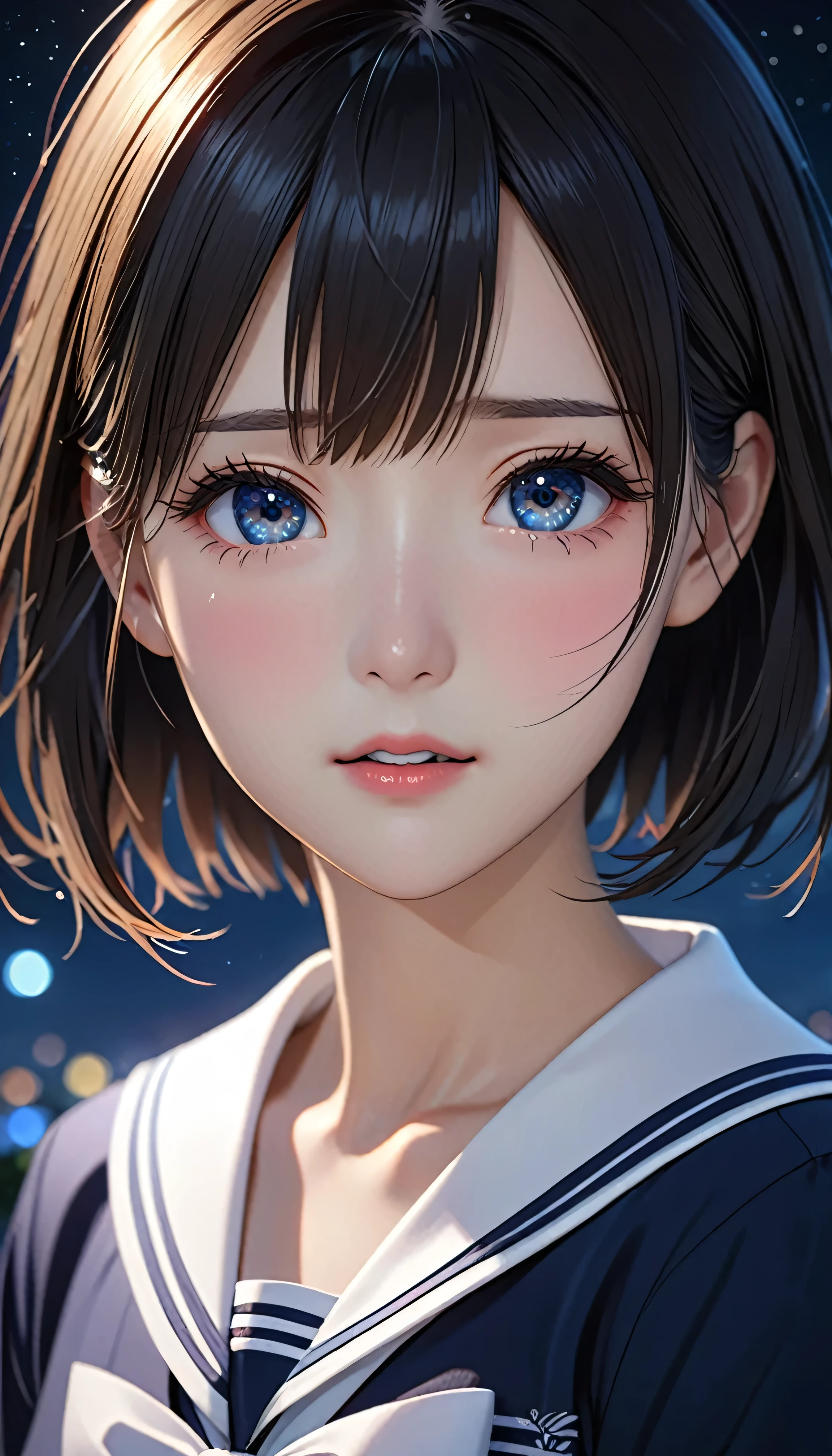 National Science Foundation,masterpiece,High resolution,8K,Art,digit,Three-dimensional,Realism,Kyoto Animation Style,your name movie style,Facing the camera,night,midnight,Light,(1 female: 1.3),(alone: 1.4),(Student sailor uniform),Long eyelashes,Long thin legs,Short Bob,Sexy pose,Close-up of upper body,Close-up,nightstarry sky,Eyes as deep as the starry sky,Blushed,shy,shy,open mouth,(Tearing up)