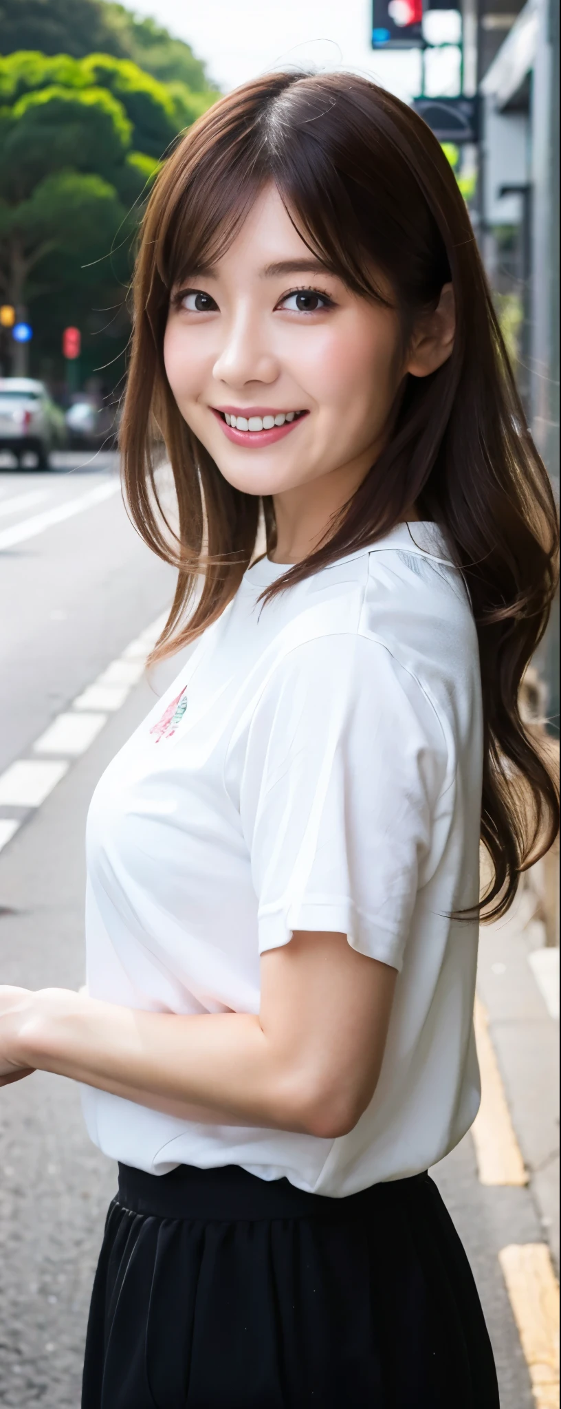masuterpiece, Best Quality, Illustration, Ultra-detailed, finely detail, hight resolution, 8K photographic, Perfect dynamic composition, from front, full body, 1 japanese girl, Beautiful detailed eyes, long Medium wavy Hair, wearing t-shirts:1.2, bell-bottom pants, make up:1.1, Random poses,Smile, Omotesando Street Walk, 28 years girl