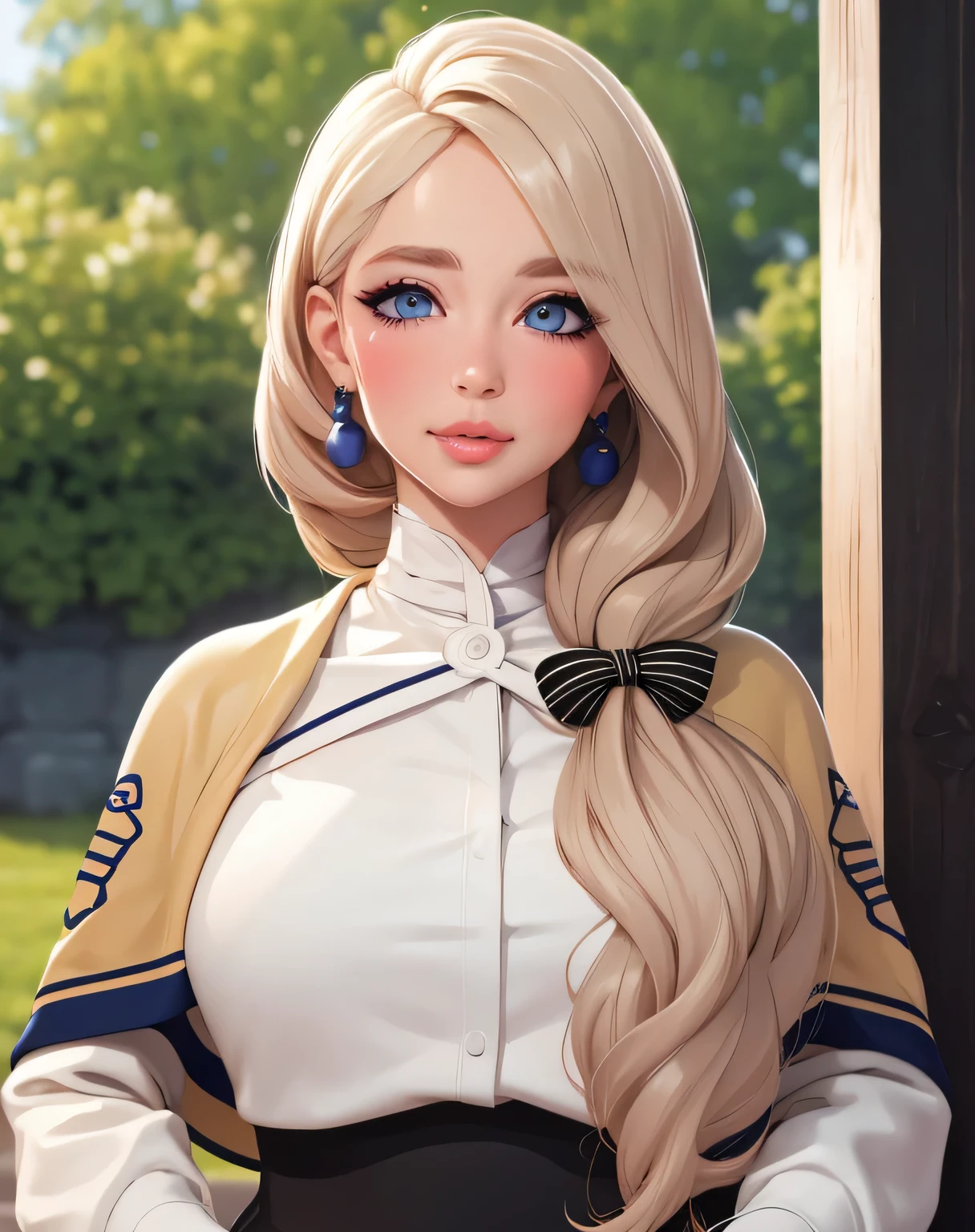 defMercedes 2.0, defMercedes 2.0, yellow capelet 2.0, one hair bow, white shirt, black skirt, capelet, hair bow, white shirt, black skirt, (masterpiece, best quality, ultra-detailed), realistic style, very close up shot 2.0, garden 2.0, looking at viewer 2.0, perfect eyes 2.0, blushing, upper body shot 2.0, cute nose, very shy smile 2.0, very luscious lips 2.0, very heavy eyeshadow 2.0, very heavy makeup 2.0, round face, very thick lips 2.0, very glossy lips 2.0, very pouty lips 2.0, shiny skin, lustrous skin 2.0, plump lips 2.0, very gentle 2.0, very elegant 2.0, earrings, very close up shot 2.0, face shot 2.0, face shot 2.0, face shot 2.0, face shot 2.0, face shot 2.0, very close up shot 2.0, very close up shot 2.0, very close up shot 2.0, blue eyes, incredibly pretty 2.0, incredibly beautiful 2.0, very shy smile 2.0, very luscious lips 2.0, very heavy eyeshadow 2.0, very heavy makeup 2.0, round face, very thick lips 2.0, very glossy lips 2.0, very pouty lips 2.0, shiny skin, lustrous skin 2.0, plump lips 2.0, very gentle 2.0, very elegant 2.0, incredibly pretty 2.0, incredibly beautiful 2.0, very shy smile 2.0, very luscious lips 2.0, very heavy eyeshadow 2.0, very heavy makeup 2.0, round face, very thick lips 2.0, very glossy lips 2.0, very pouty lips 2.0, shiny skin, lustrous skin 2.0, plump lips 2.0, very gentle 2.0, very elegant 2.0, incredibly pretty 2.0, incredibly beautiful 2.0, looking at viewer 2.0, very sexy 2.0, very sexy 2.0,