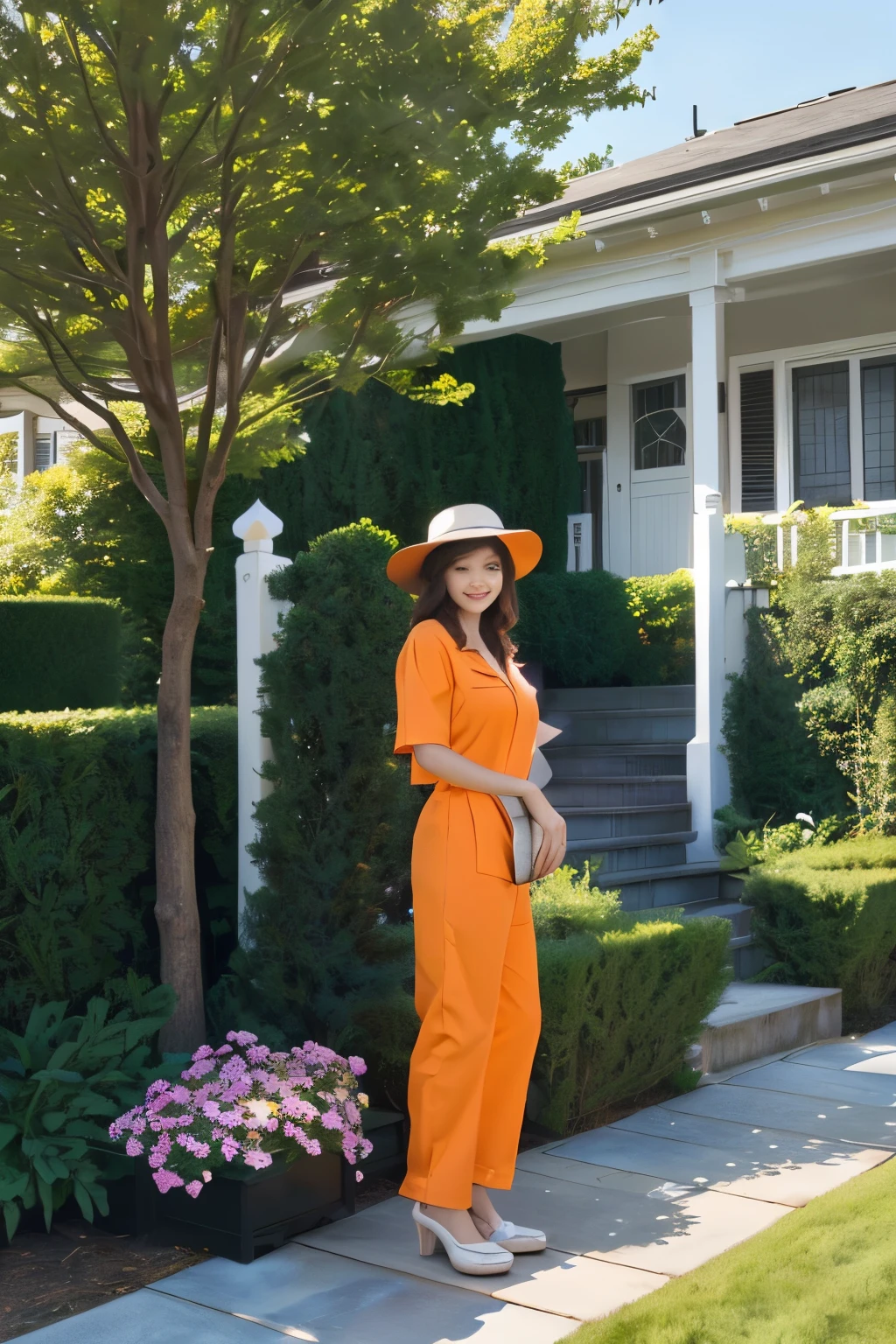 there is a woman standing In the yard with a hat on, standing outside the house, 집 in the garden, In the yard, next to the tree, orange jumpsuit, In front of the house, in the garden, 과일 나무와 함께 wearing an orange jumpsuit, beautiful woman, (Highly detailed facial expressions), ((best quality)),