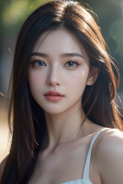 8K, masterpiece, RAW photos, best quality, realistic, extremely detailed CG unity 8K wallpaper, depth of field, cinematic light, lens flare, ray tracing, (very beautiful face, beautiful lips, beautiful eyes), A face with intricate details, ((highly detailed skin)) 1girl mid shot、Beautiful woman looking at camera、Chris Foss&#39;s off-the-shoulder sweater fall glow、street corner in autumn、Maple、summer city landscape background, split.