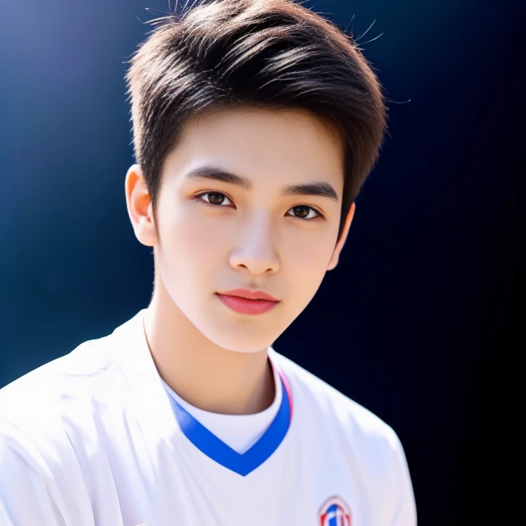 Young Asian man Arav in a blue and red volleyball uniform poses for a photo., Wear a volleyball shirt., Height 165 cm, Height 155 cm, Wear a basketball shirt., Shin Min Jung, Cute sportswear, Seson Yoon, With a backdrop of natural light., , Heonhwa Cho