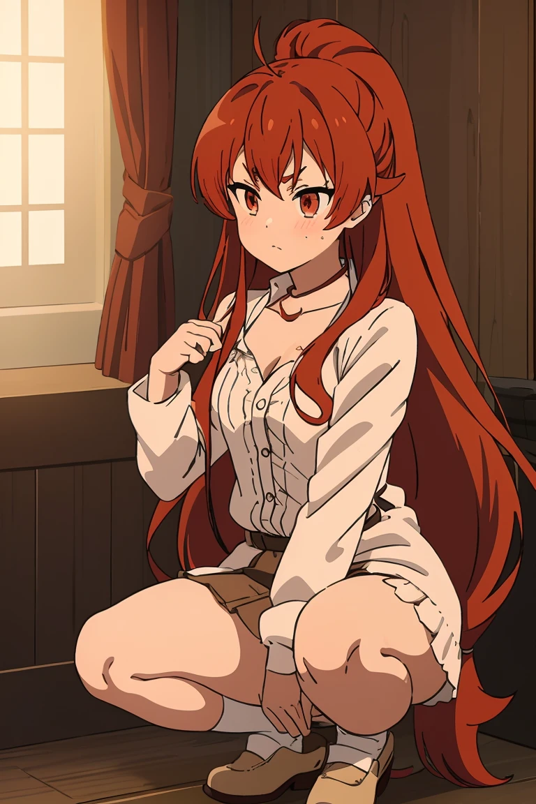 Eris,1 girl,Red hair，blush,  ，Small Breasts,Wing collar,Open collar,Collared shirt,White dress shirt,brown cardigan sweater,Buttons,puffy long sleeves,Purple pleated miniskirt,White loose socks, Blue footwear,slippers, ((Squat, spread your legs)),white panties,