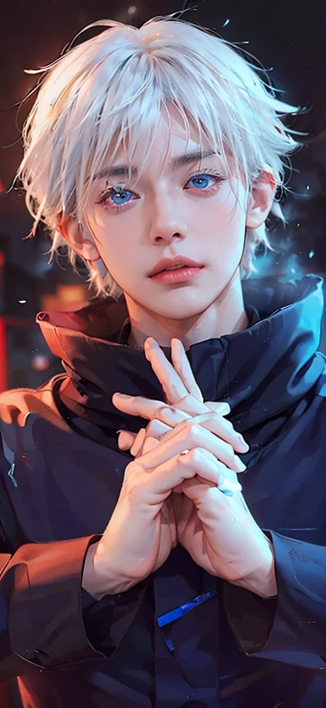 1man, gojo satoru in anime jujutsu, short hair , white hair, blue light eyes, handsome, black clothes, realistic clothes, detail clothes, city background, ultra detail, realistic