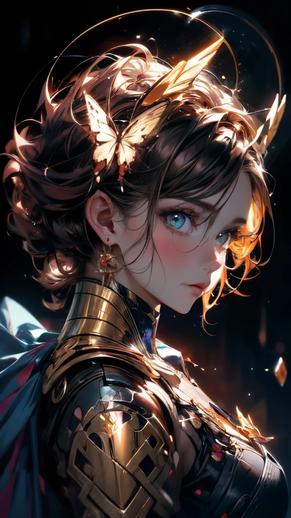 Portrait of a beautiful cyborg with brown hair in 8k, complicated, elegant, Very detailed, Majestic, Digital photography, Artgerm、Ruan Jia、Art by Greg Rutkowski, surrealistic painting, Gold butterfly decoration, Broken glass, (masterpiece, Side light, Delicate and beautiful eyes: 1.2), Human Development Report