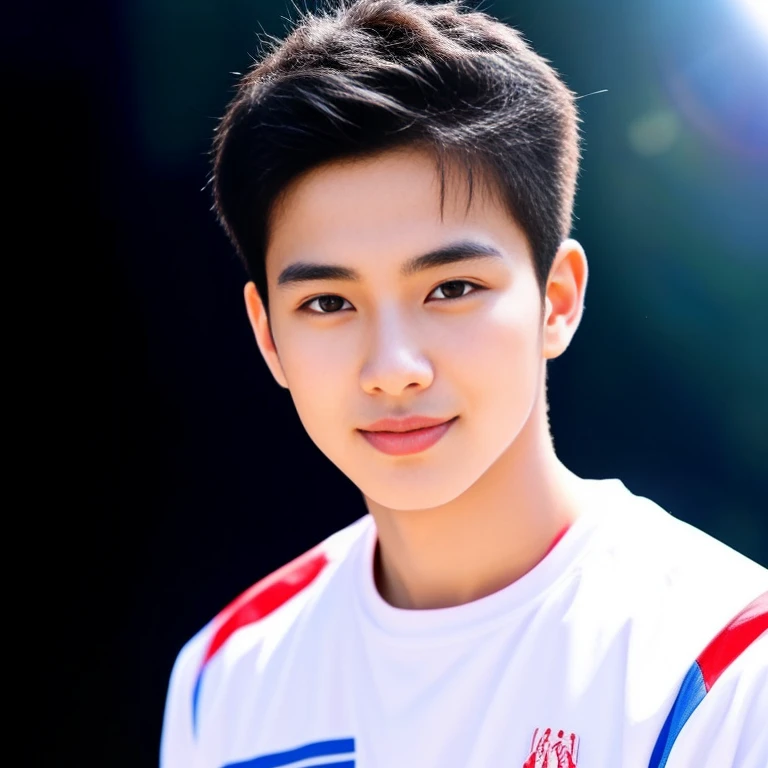 Young Asian man Arav in a blue and red volleyball uniform poses for a photo., Wear a volleyball shirt., Height 165 cm, Height 155 cm, Wear a basketball shirt., Shin Min Jung, Cute sportswear, Seson Yoon, With a backdrop of natural light., , Heonhwa Cho