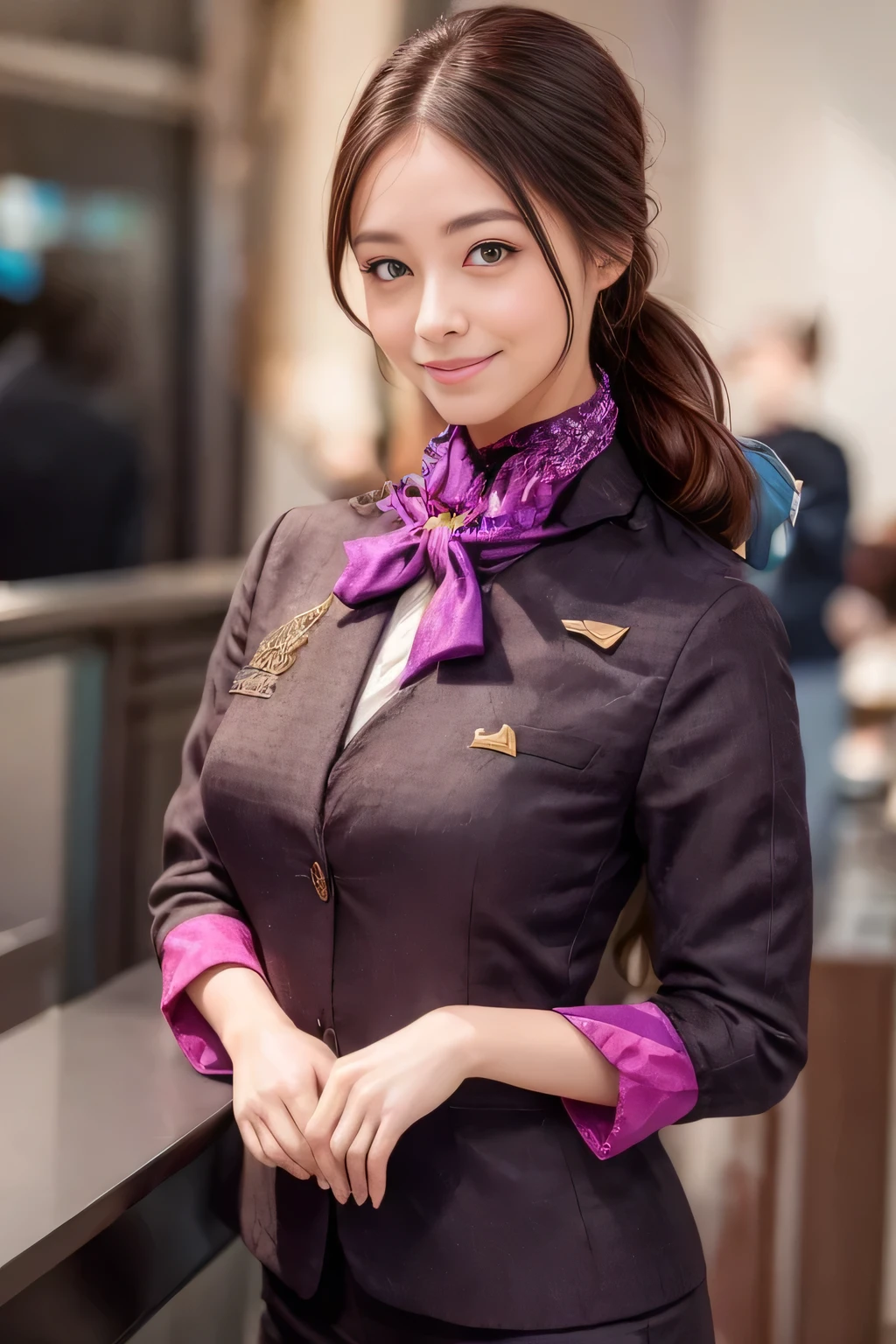 (masterpiece:1.2、highest quality:1.2)、32K HDR、High resolution、(alone、1 girl、Slim figure)、（Realistic reproduction of Etihad Airways flight attendant uniforms）、 (At the airport counter, Professional Lighting)、A proper woman, Beautiful Face,、（Etihad Airways flight attendant long sleeve uniform）、（Etihad Airways flight attendant uniforms、Skirt with purple stripes on the front）、（scarf on chest）、Big Breasts、（long hair、Hair Bun）、Dark brown hair、Long Shot、（（Great hands：2.0））、（（Harmonious body proportions：1.5））、（（Normal limbs：2.0））、（（Normal finger：2.0））、（（Delicate eyes：2.0））、（（Normal eyes：2.0））)、Beautiful standing posture、smile