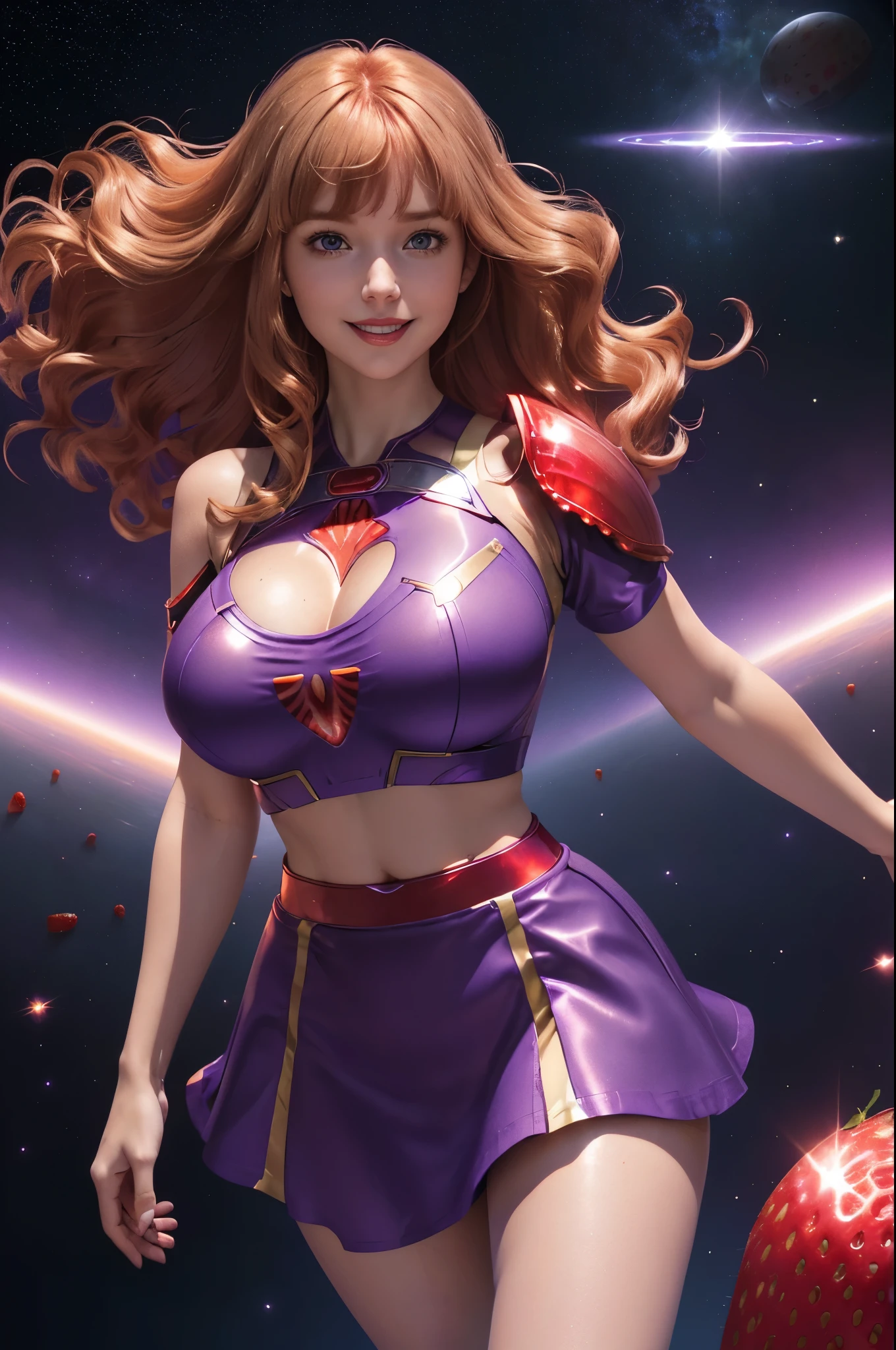 Supergirl, 27 years old, full body view Beautiful woman (((shoulder length wavy strawberry blonde hair, two side up with bangs))) defined body, Red lipstick, smiling, hands free, standing facing camera, (( short sleeve, one piece, sparkling purple futuristic body armor)), space station orbiting earth, (large_breasts:1.4) (curvy:1.3)