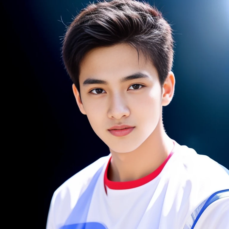 Young Asian man Arav in a blue and red volleyball uniform poses for a photo., Wear a volleyball shirt., Height 165 cm, Height 155 cm, Wear a basketball shirt., Shin Min Jung, Cute sportswear, Seson Yoon, With a backdrop of natural light., , Heonhwa Cho