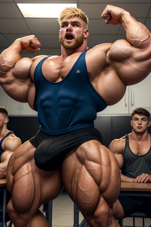 A group of male high school students with bleached blonde hair standing in a classroom staring blankly with open mouth and slumped shoulders as their muscles grow bigger and begin to tear out of their tight shirts, becoming just another group of stereotypical dumb bodybuilder jock bros in the community as they flex to each other and say, "The conquered foe bends to our might. Victory for The Troglodytes!" in dull voices. A less muscular student watches in horror, even as he starts to flex with them. Hyper muscles. Big biceps. Big triceps. Big traps. Broad shoulders. Massive pecs. Strong abs. Broken Tank top strap. Bulging crotch. Hyper bulge. Bro. Brain to brawn. Brute. Assimilation. Hypnosis. Brainwashing. Dumber and dumber. IQ drain. Compression gear.