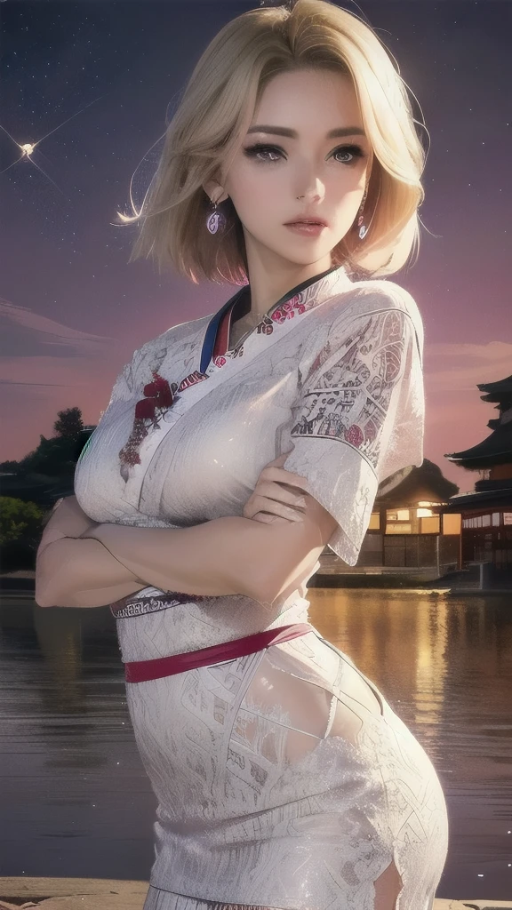 Realistic, Hyper Detail, Girls only, Layered Bob, Dynamic Lighting, ((Bold and imaginative poses)), (Glowing Skin: 1.5), masterpiece, highest quality, Disorganized, watching viewer, (Blonde Hair, Pink gradient hair), Deep purple clear eyes,((beautiful, Fine grain, Jewel-like eyes, Colorful eyes, Sparkling eyes:1.3)), thin, High resolution, Sharp focus, Depth of written boundary, Eye for detail, Sharp eyes, (Realistic eyes)), Outdoor, Sunrise Sky, (Riverside lace dress with a gorgeous and sophisticated design, (Traditional costume of Japan with intricate pattern in sexy armor): 1.3))