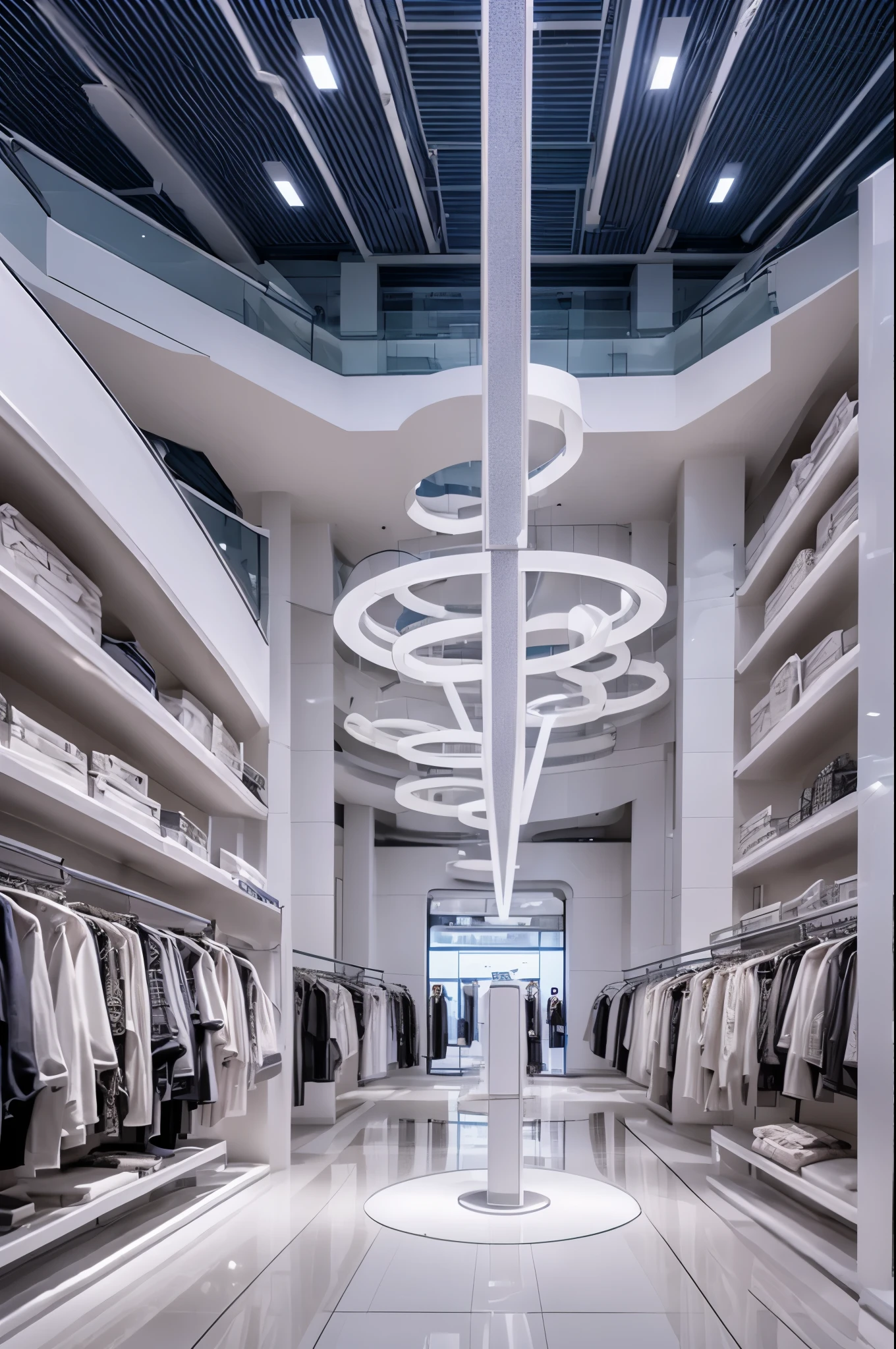 Clothing displayed in a futuristic shopping mall, Retail Design Blog, High Quality Rendering, Screen grab,Large amount of clothes、white　、Glamorous clothes