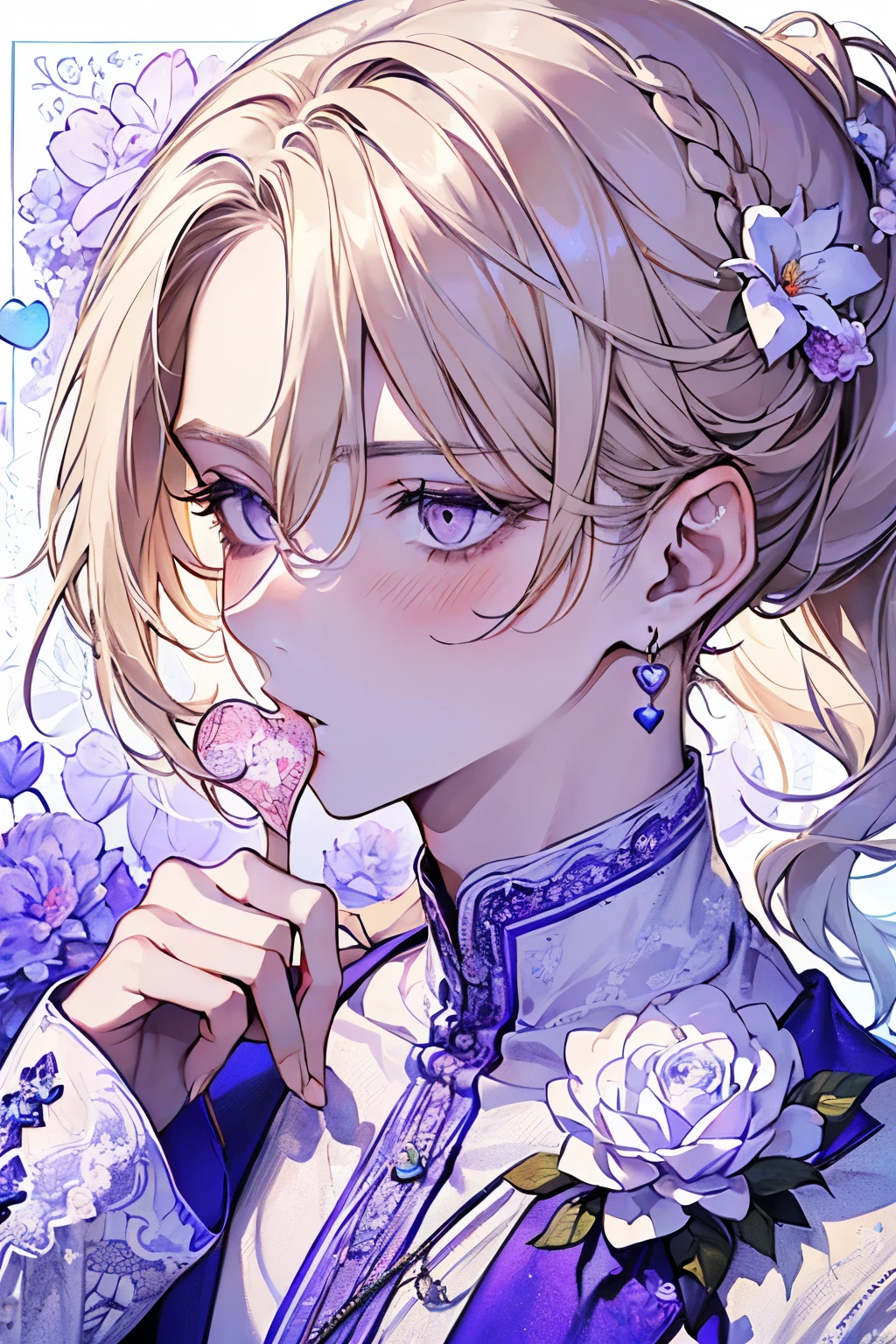 ((17years old man:1.3)), masterpiece, best quality, braid hair,blonde hair, (half up and half down hair:1.1),(portrait),white wedding dress,(pop and cute flower pattern background), (perfect hand),(light purple,white),looking front,((Large and gorgeous earrings:1.1)),(kiss me:1.35),((upper body)),((heart:1.2)),(hand to own mouth),(blush:1.3)