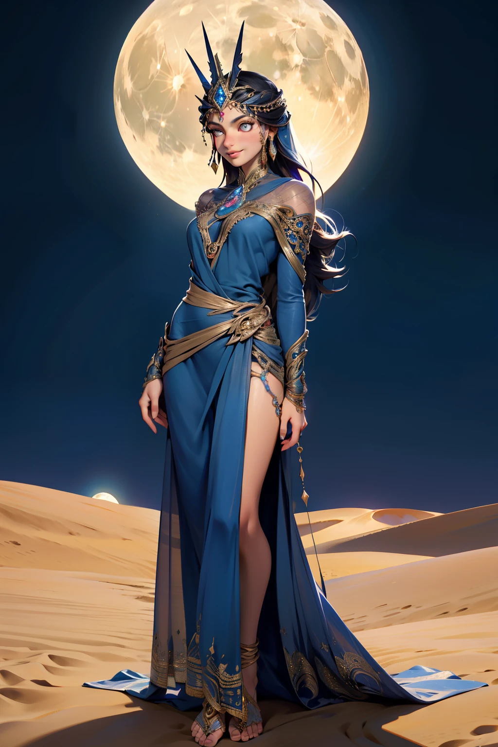 Nahida, Standing Alone in a Tranquil Desert Scenery (Night Scene, 1Female, Indian, enchantress, Long Hair, Moon-kissed Features, Mystical, Moonlit Night, exotic dress, Veils, Stardust, Glowing Eyes, Ornate Jewelry, Henna, Lush Lips, Sinuous Form, Ultra- Detailed Features, Full Body View, Focus on Facial Expressions, Moving Sands Around, Oasis in Distance, Moon Gazing, Enigmatic Smile, Perfectly Lit).

(Masterpiece, 4K, Ultra High Definition, Detailed, Artwork by