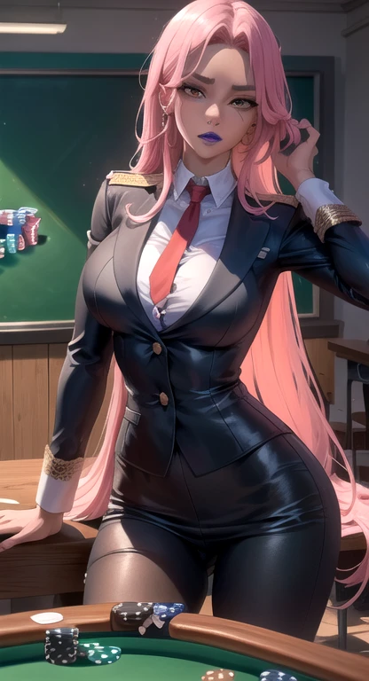 (masterpiece, High resolution, best quality:1.3), 8K, Very detailed, Wheels within wheels, rich and colorful, vibrant images, Clear focus, Digital Mixing, 4k, Trending is pixiv Ingrid, ((Uniforms)), Solitary, Mature women, 40 years old, , curved, (dark skinned female:1.15), dark skin, Strike a pose, classroom, table, Chair, sit, (Poker face:1.2), looking at the audience, Cowboy shooting, Pink Hair, Very long hair, forehead, Hair intake, Purple lipstick, cosmetic, Mole under mouth, Yellow eyes, Perfect eyes, Perfect face, Extremely fine hair, Super detailed face, earrings, Extremely delicate lips, , Extremely delicate lipstick