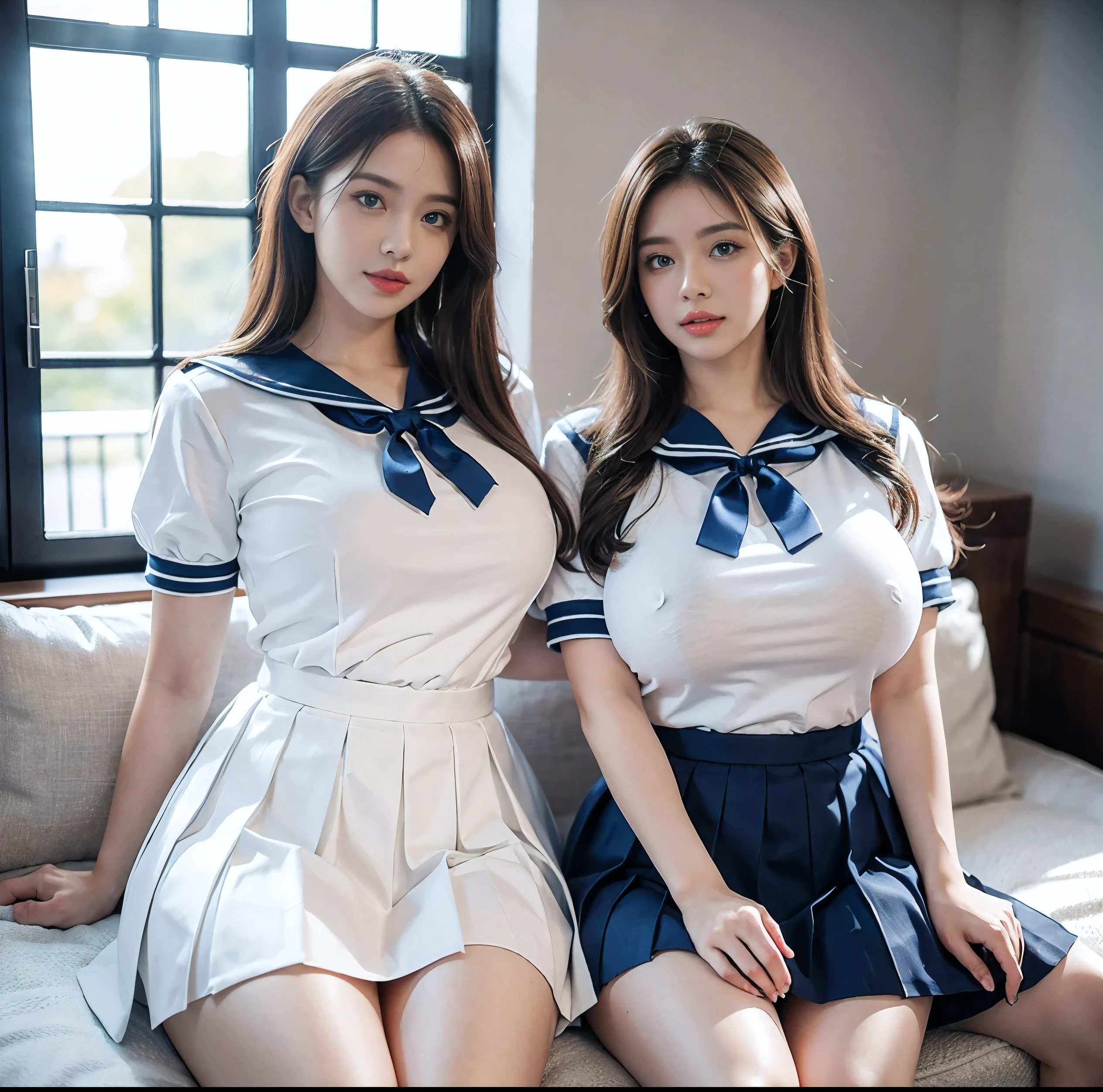 8K quality, Masterpiece, Bright lighting without shadows, （Two busty women standing side by side）, (Super big breasts compressed by clothes:1.2), Whitening skin, Sparkling Blue Eyes, Sailor collar uniform, Pleated skirt, Above the knee, Skirtliftv1, (Super big breasts that are emphasized by protruding), A frontal shot that emphasizes her huge breasts, (White panties),