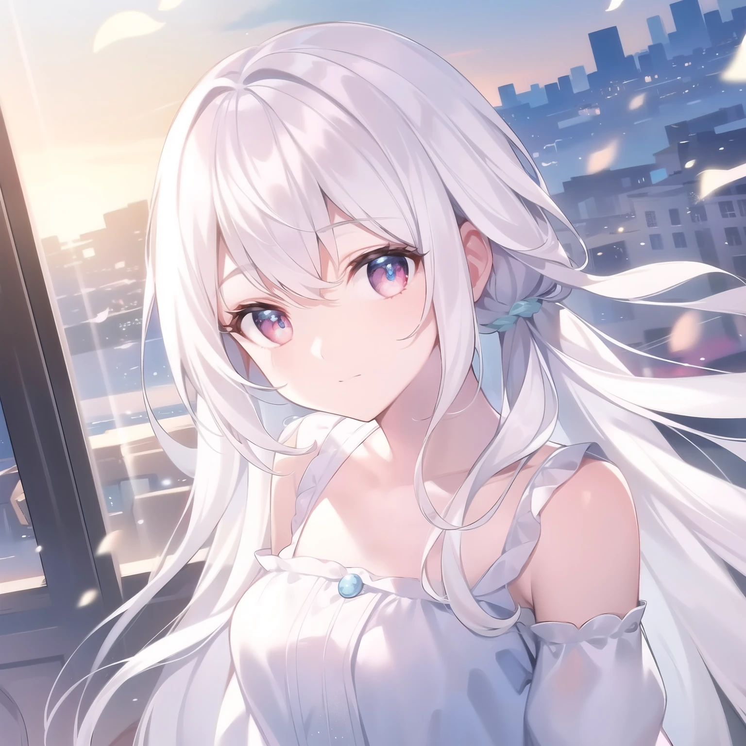 ((masterpiece, best quality))++, Detailed lighting+, Detailed hair+, Detail hand+ ,1 girl, Miss, Long hair, Crimson eyes, beautiful eyes, young white hair,,(Beautiful white hair:1.5),(Beautiful and delicate eyes), high resolution+,glass tint, Reflective eyes, {{angle}} , Very detailed wallpaper, The original, ,Sea of Flowers,Air bangs,city road,Double ponytails,Extremely beautiful CG