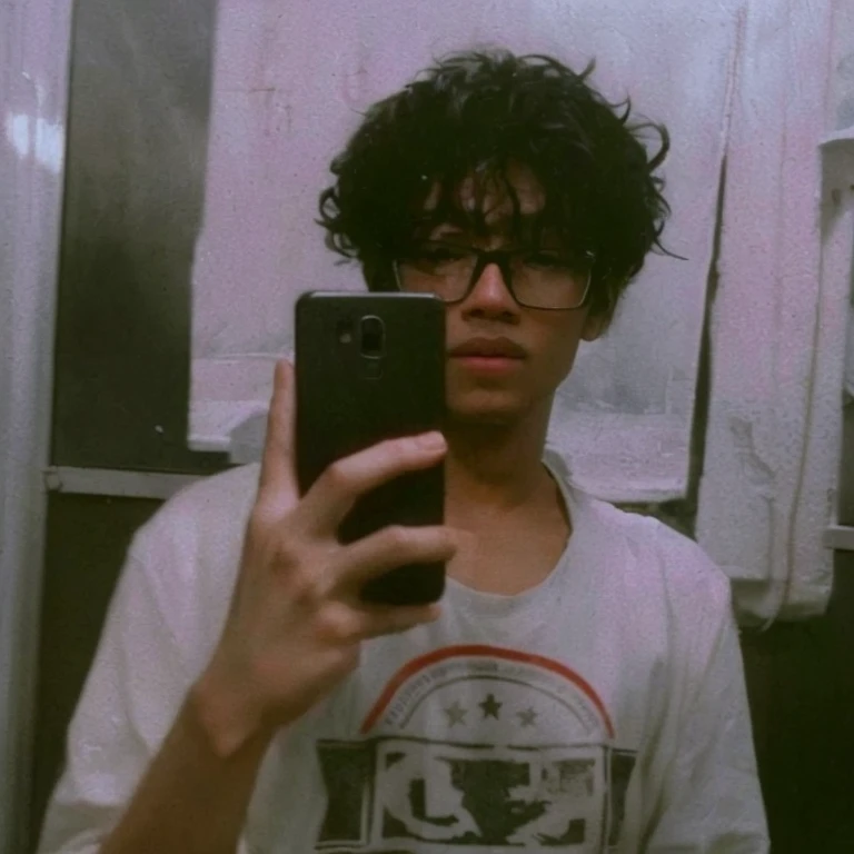There&#39;s a man taking a selfie in the mirror, no estilo de Petra Collins, curls on top of the head, granulado de baixa qualidade, fotografia de baixa qualidade, com afro, afro encaracolado, cabelo cacheado e curto, imagem granulada, heavy imagem granulada, messy curly hair, Foto do perfil, no estilo de Tyler Mitchell, imagem de qualidade muito baixa, foto de perfil