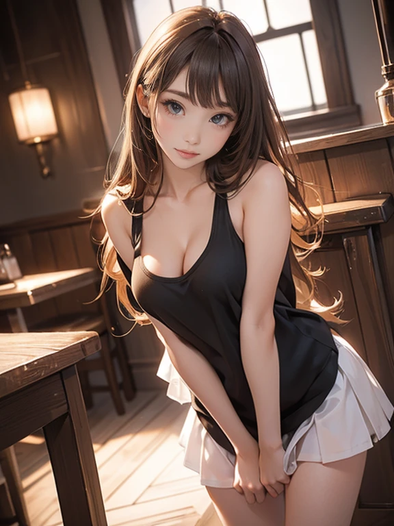 Photo Quality、Masterpiece、slave((Coffee shop、Detailed Background))(30 year old adult woman、Very cute face、Baby Face、round face、Big Eyes、Double、Natural Makeup、Golden ratio proportions)(Blushing、Embarrassed face、Crying)(Moist eyes)(long hair、Brown Hair)(Transparent white fabric、Tank top、Cleavage)Extremely Miniskirt、Black Pantyhose、View angle from below、Low - Angle