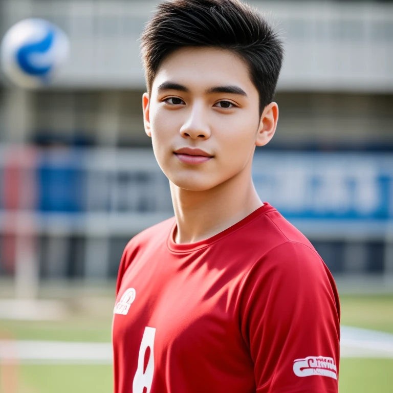 Young Asian man Arav in a blue and red volleyball uniform poses for a photo., Wear a volleyball shirt., Height 165 cm, Height 155 cm, Wear a basketball shirt., Shin Min Jung, Cute sportswear, Seson Yoon, With a backdrop of natural light., , Heonhwa Cho