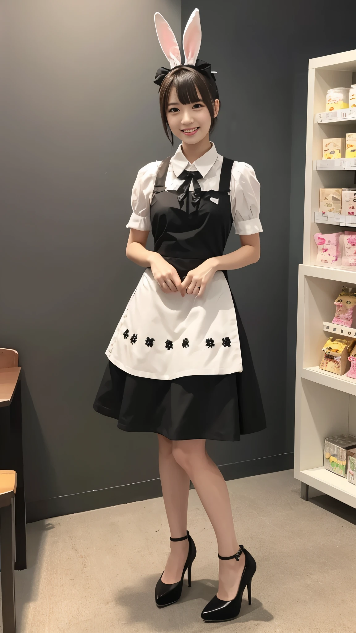 Bunny girl working at maid cafe:1.5，The best smile:1.5，Full Body Shot:1.5，Gray background:1.5，Wearing black high heels:1.5，