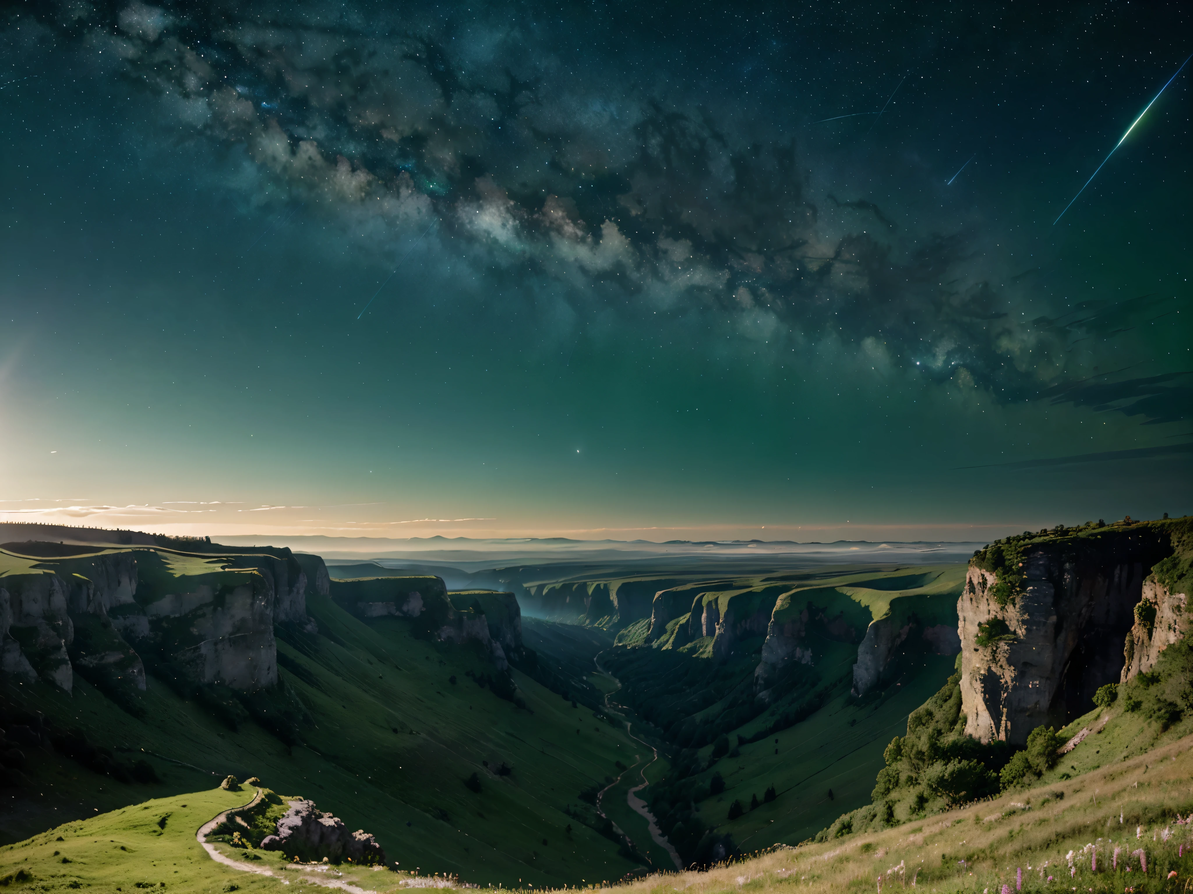 Vast green land, Strange literature, Bright colors, The starry sky is dotted, Various harmonious clouds, Overlooking steep cliffs, large mountains, Forest grass, lush, Strong perspective, Strong depth, Strong sense of depth and proximity, Strange graphics, Strong impact, Strong sense of color and light and dark impact,Strong light feeling,Photographic views