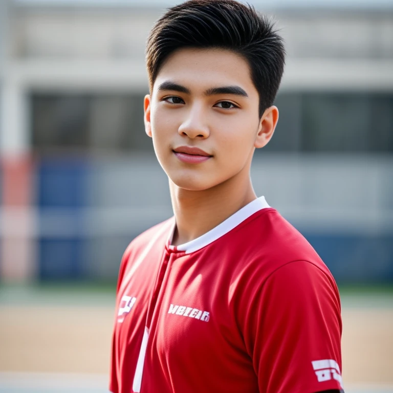 Young Asian man Arav in a blue and red volleyball uniform poses for a photo., Wear a volleyball shirt., Height 165 cm, Height 155 cm, Wear a basketball shirt., Shin Min Jung, Cute sportswear, Seson Yoon, With a backdrop of natural light., , Heonhwa Cho