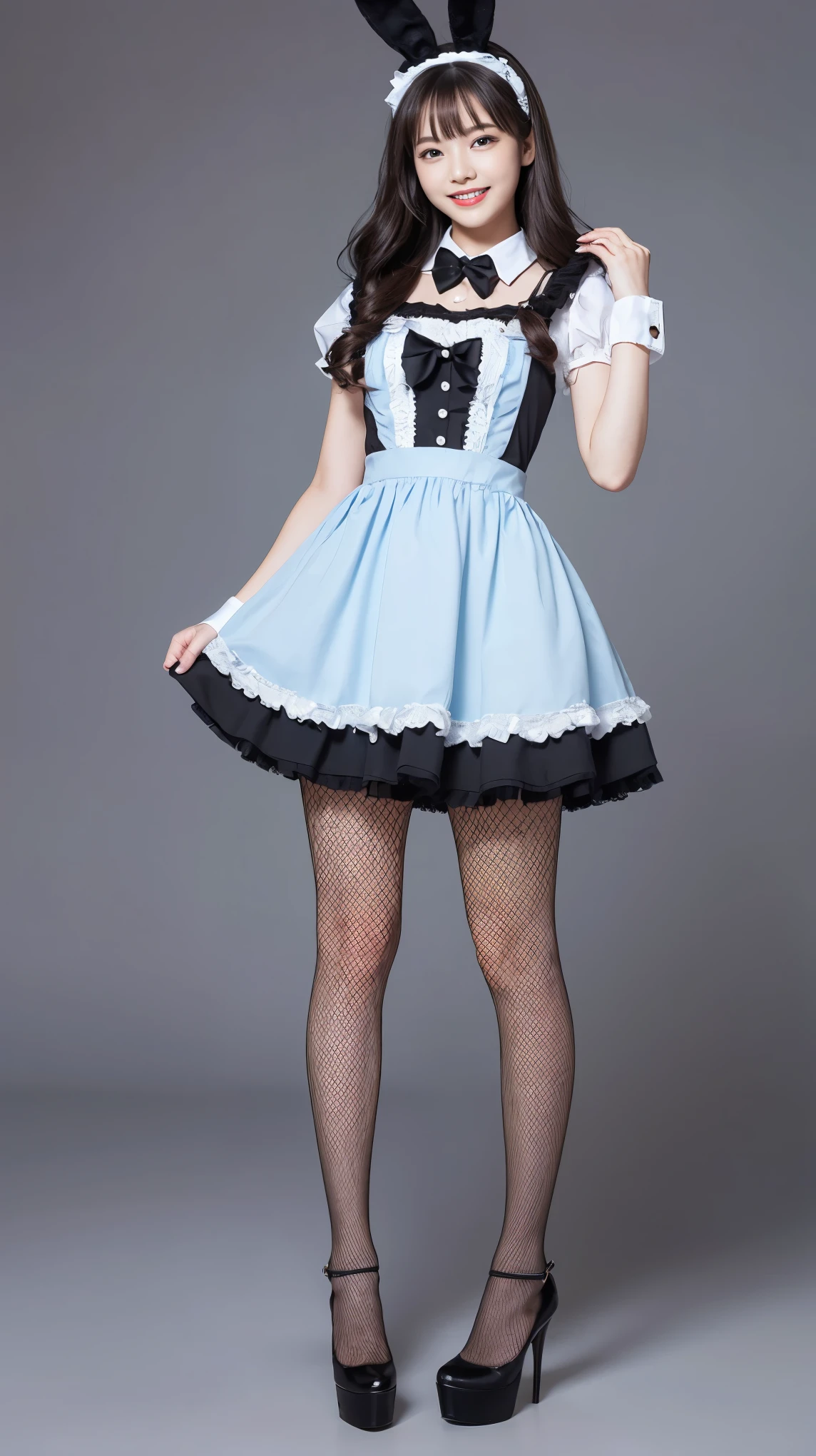 Bunny girl in maid outfit:1.5,Wearing light blue fishnet stockings:1.5,The best smile:1.5,Full Body Shot:1.5,Gray background:1.5,Wearing black high heels:1.5,