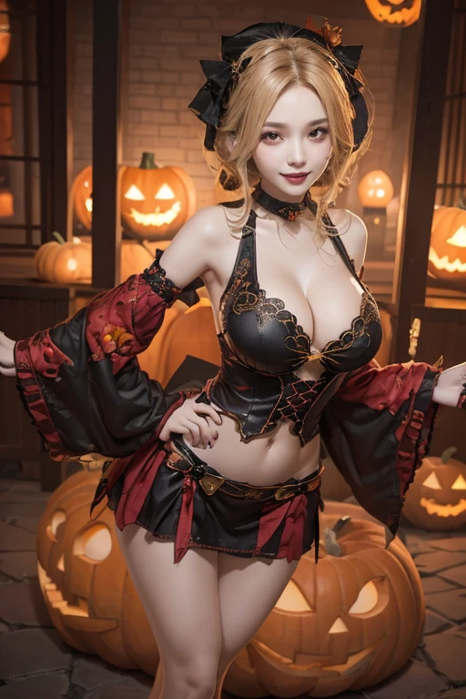 (halloween theme:1.3), Upper Body portrait of a tall very busty beautiful milf wearing skin tight jiangshi costume, Halloween dresses, insanely detailed embroidery Halloween dresses, (A fusion of zombies and gothic ta:1.3), ((;D1.5)), (a happy expression:1.3), Perfect face,Perfect eyes,High-resolution details,High Detail,Clear focus,Studio Photos,HD makeup,Shiny Makeup,Celebrity makeup,(( Center image)) (High Definition Rendering)Studio Portrait, magic, magical, fantasy, halloween , halloween , (pumpkin lantern:1.3), Blonde Hair, jiangshi, 4. Hands and thumbs, Perfectly proportioned hands, (Arms down:1.5), (Put your hands behind your back:1.5), (Upper Body:1.3),(((Large Breasts)))、((Breast sagging))、Low-cut,(((Cleavage ))),(((Wide hips,)))(((,Hourglass figure))), ((Long legs))
