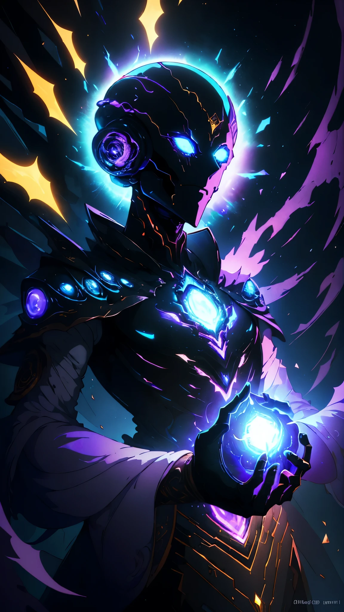 Description (alt text)
An abstract digital artwork depicting a humanoid figure with a glowing blue, faceless head adorned with crackling energy. The figure wears a high-collared, futuristic garment. Surrounding the head are fragmented crystalline shapes and a luminous halo-like ring, emitting shards of light. The background is a deep, starry black, enhancing the ethereal and otherworldly atmosphere. Text in a stylized font is present on the right side of the image