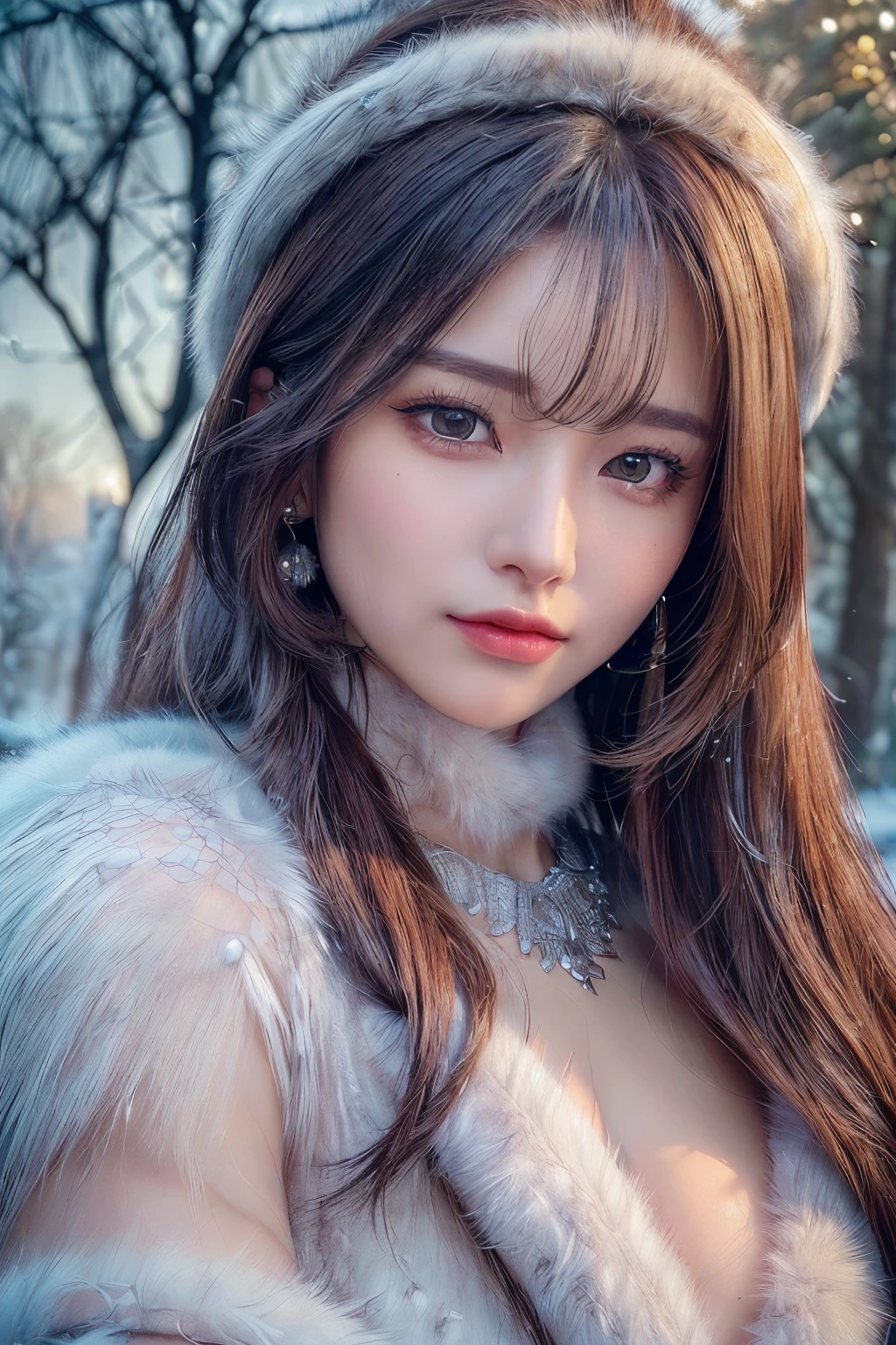 A stunning portrait of Anna Dittman-like beauty, dressed in a fitted red and white dress with fur trim, wide sleeves, and gloves, set against a darker bokeh background. Her long ash-brown hair cascades down her back as she gazes directly at the viewer with a captivating smile (1, 4). Her realistic violet eyes sparkle with intrigue. The focus is sharp, highlighting the intricate details of her outfit, from the delicate patterns to the subtle texture of the fur trim. A stunning example of hyper-detailed close-up photography.