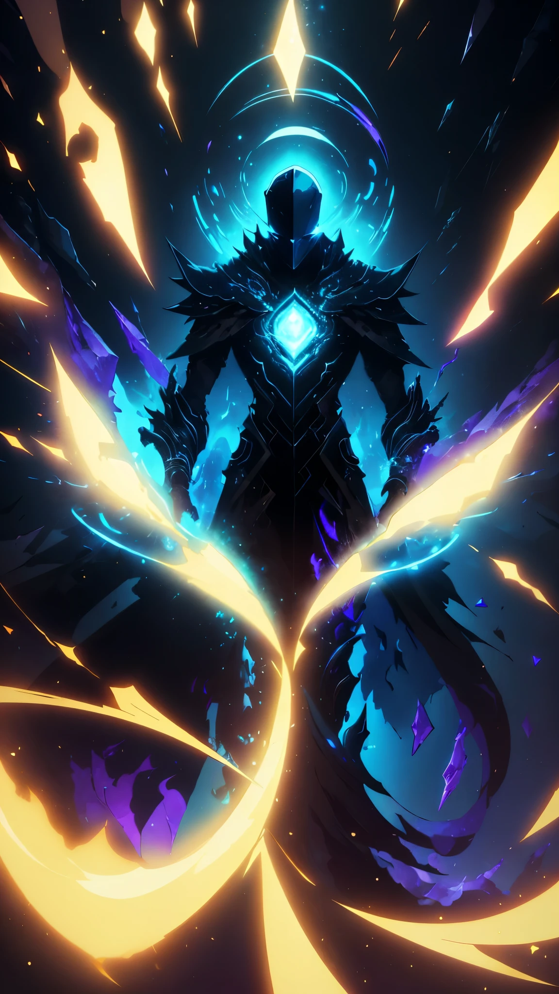 Description (alt text)
An abstract digital artwork depicting a humanoid figure with a glowing blue, faceless head adorned with crackling energy. The figure wears a high-collared, futuristic garment. Surrounding the head are fragmented crystalline shapes and a luminous halo-like ring, emitting shards of light. The background is a deep, starry black, enhancing the ethereal and otherworldly atmosphere. Text in a stylized font is present on the right side of the image