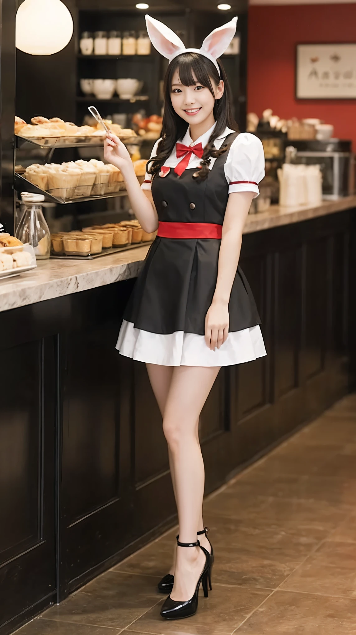 A bunny girl in a red maid outfit working at a maid cafe:1.5，The best smile:1.5，Full Body Shot:1.5，Gray background:1.5，Wearing black high heels:1.5，