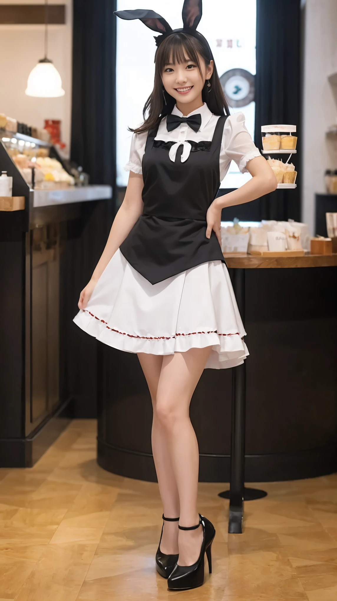 A bunny girl in a red maid outfit working at a maid cafe:1.5，The best smile:1.5，Full Body Shot:1.5，Gray background:1.5，Wearing black high heels:1.5，