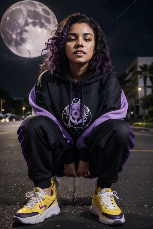 ((best quality)), ((masterpiece)), (detailed), perfect face,purple curly hair,black skin,female,sharp teeth,yellow hoodie,black long pants,white sneakers,dark sky,stars,purple moon